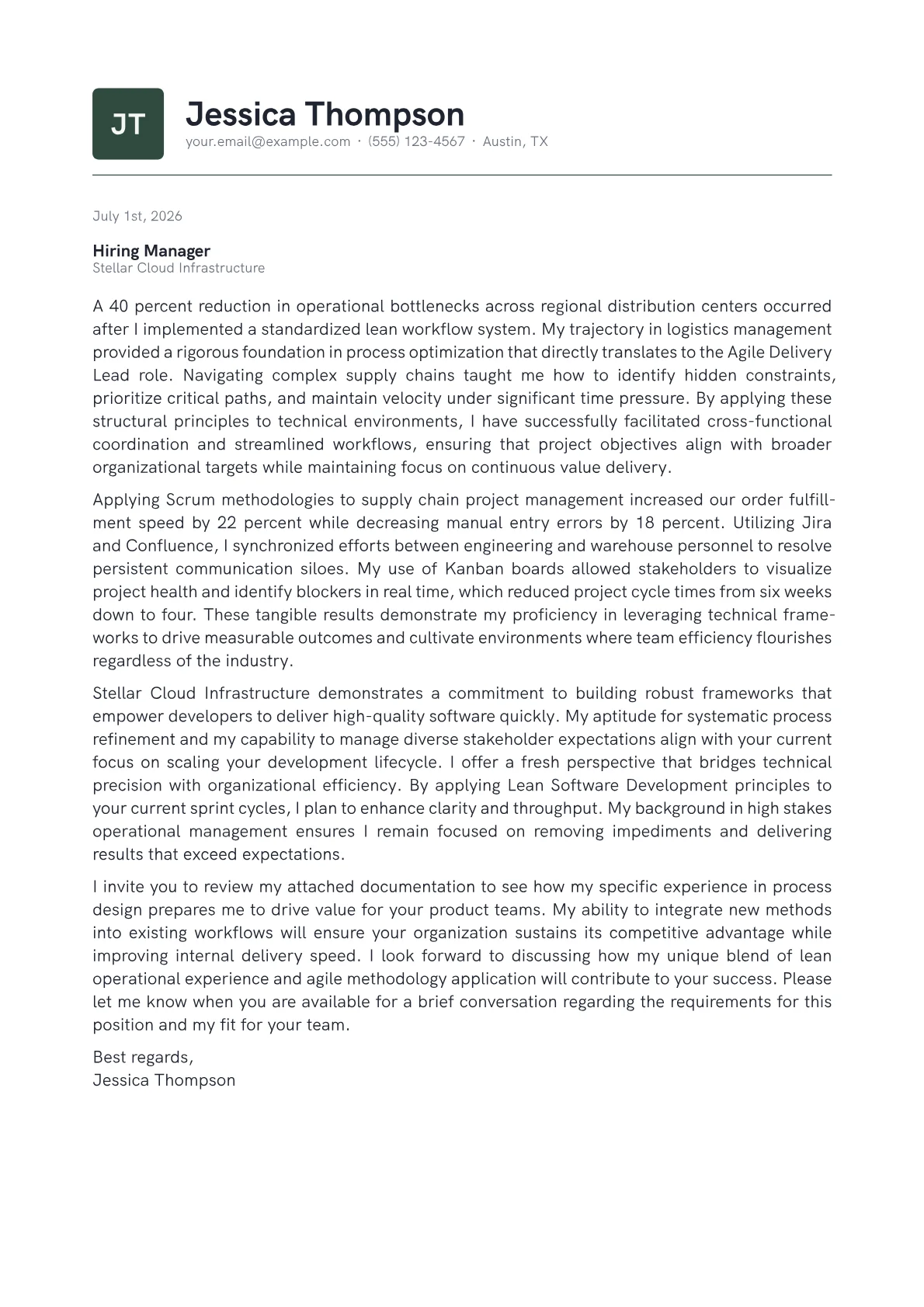 Agile Delivery Lead cover letter in the Emblem design