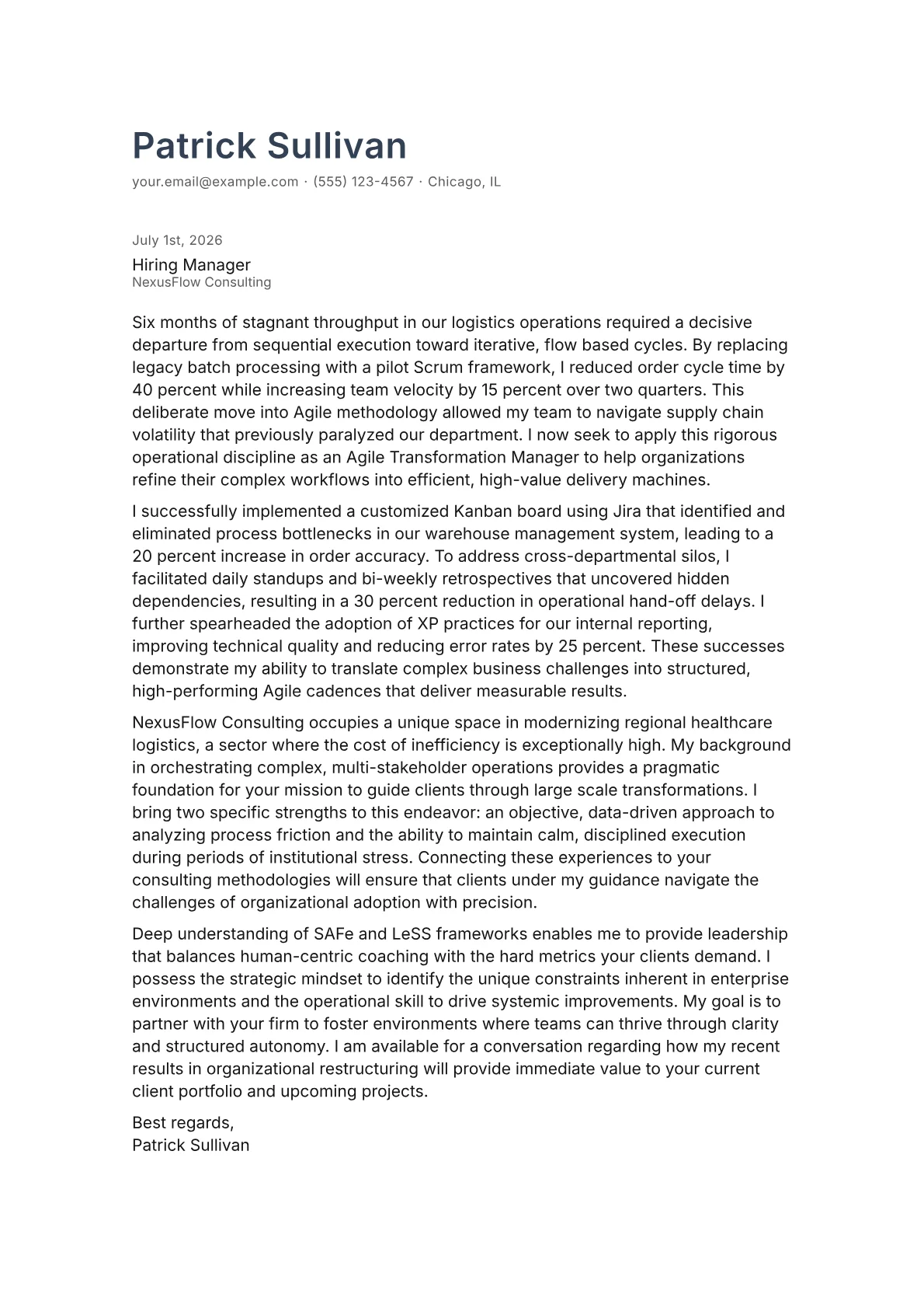 Agile Transformation Manager cover letter in the Minimal design