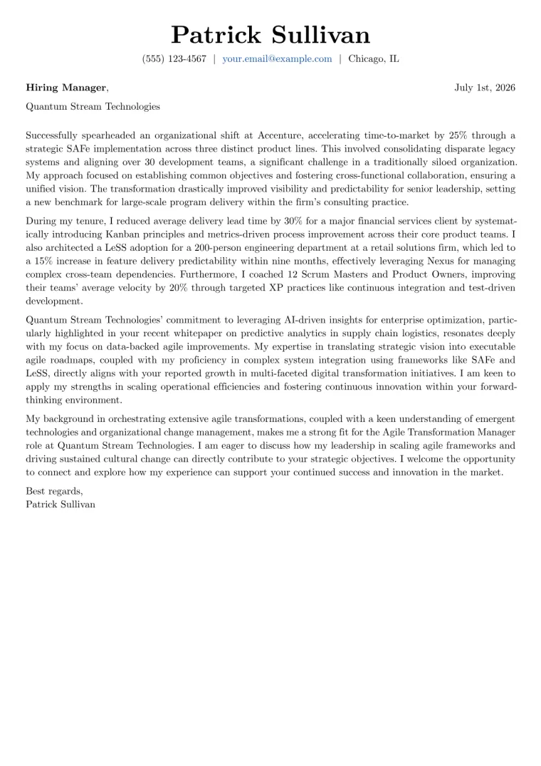 Agile Transformation Manager cover letter example preview