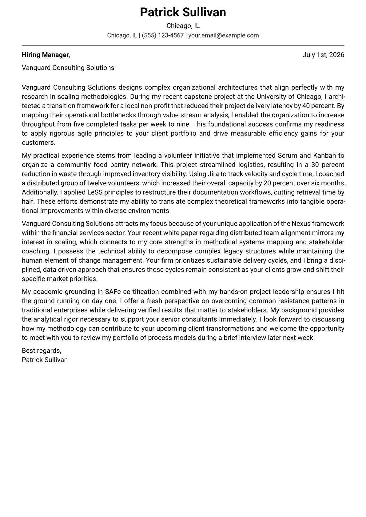 Agile Transformation Manager cover letter in the Modern design