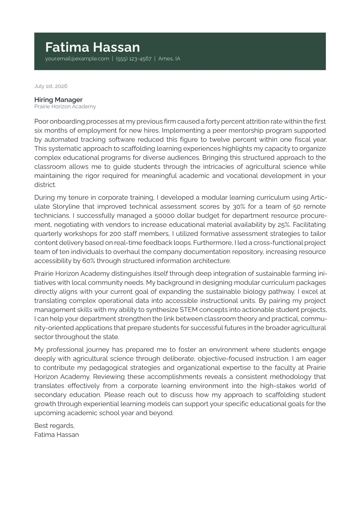 Agricultural Education Teacher cover letter in the Banner design