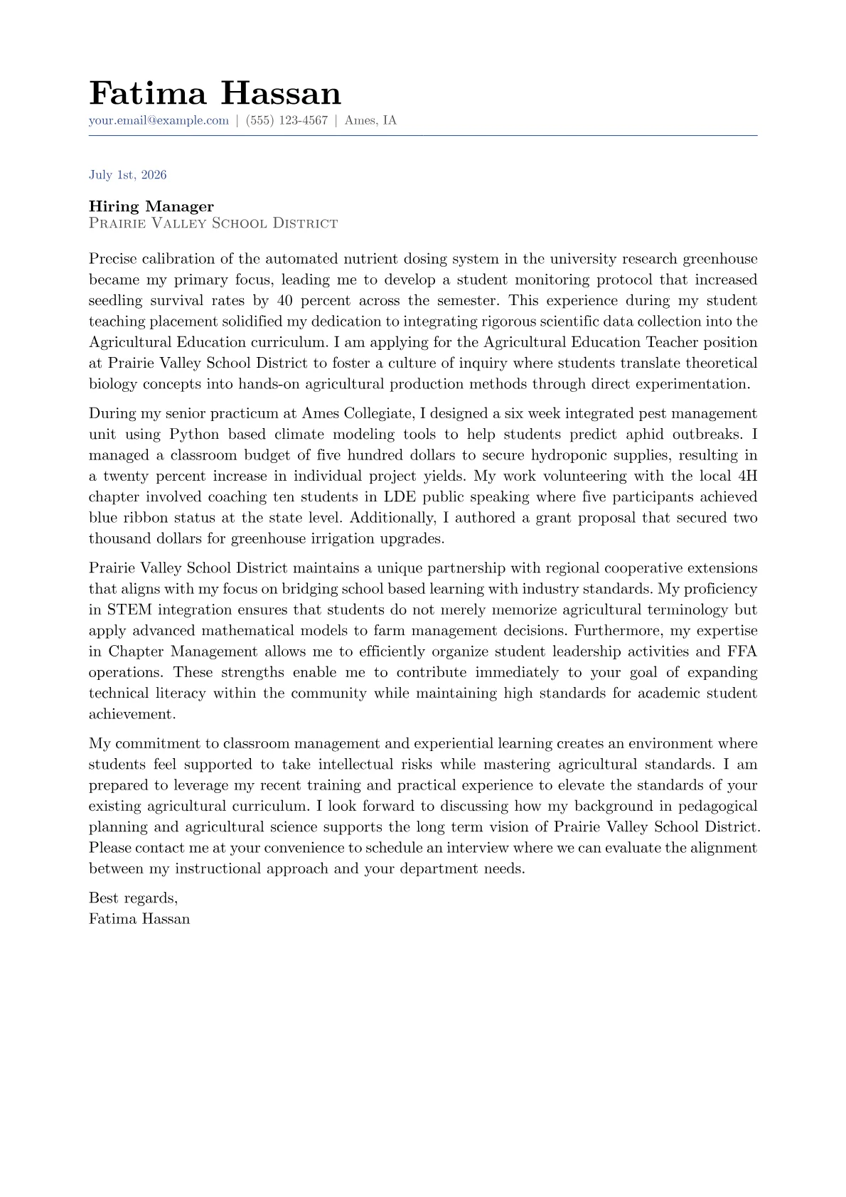 Agricultural Education Teacher cover letter in the Classic design