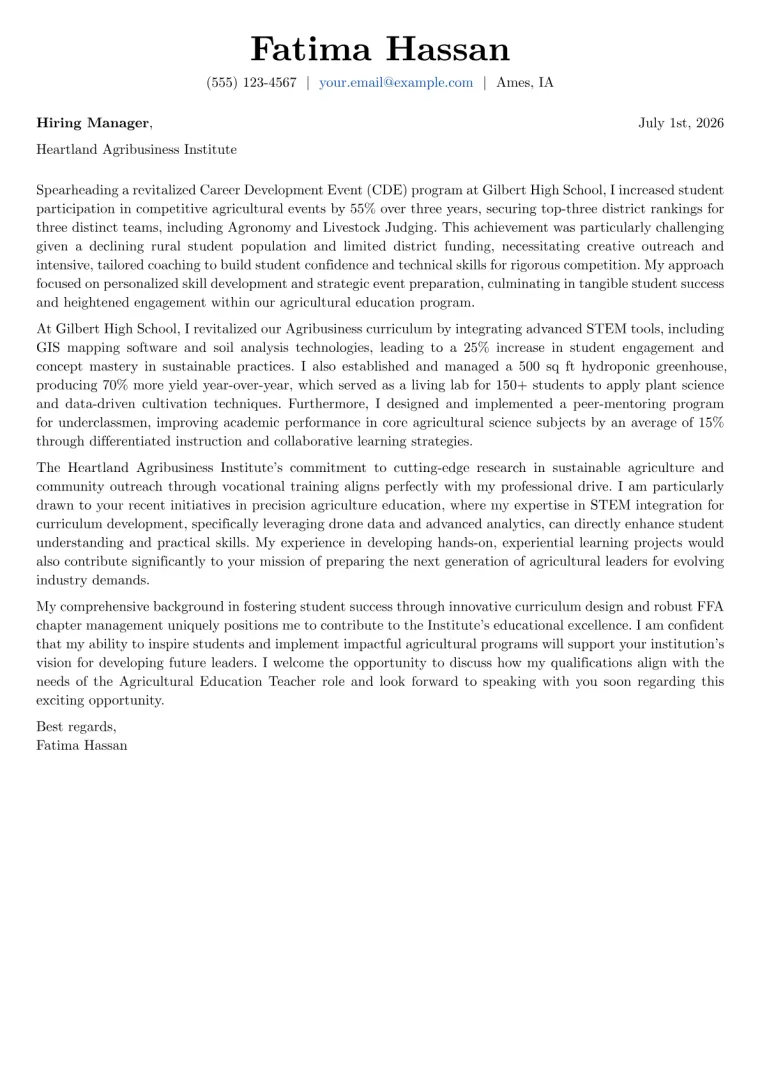 Agricultural Education Teacher Cover Letter Example