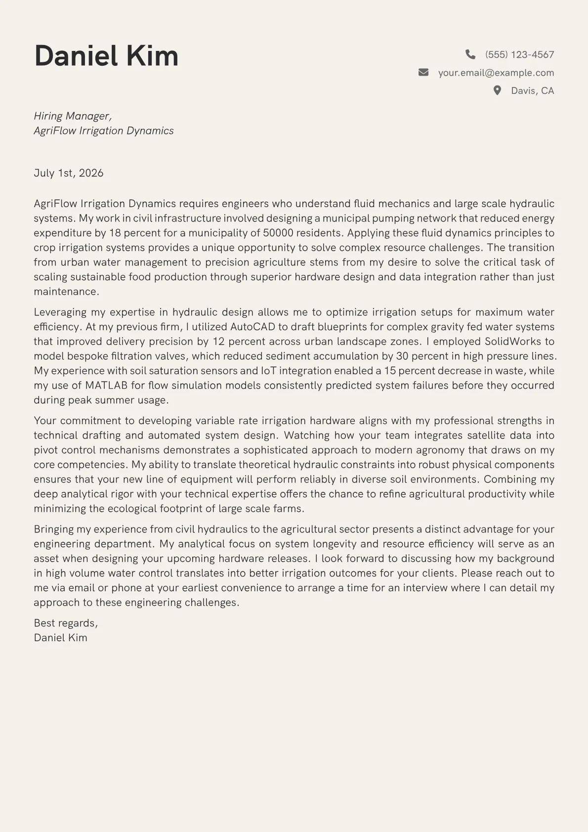 Agricultural Engineer cover letter in the Creative design