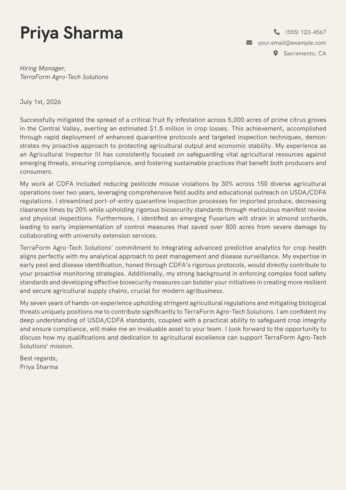 Agricultural Inspector cover letter formatted with a JobSprout template