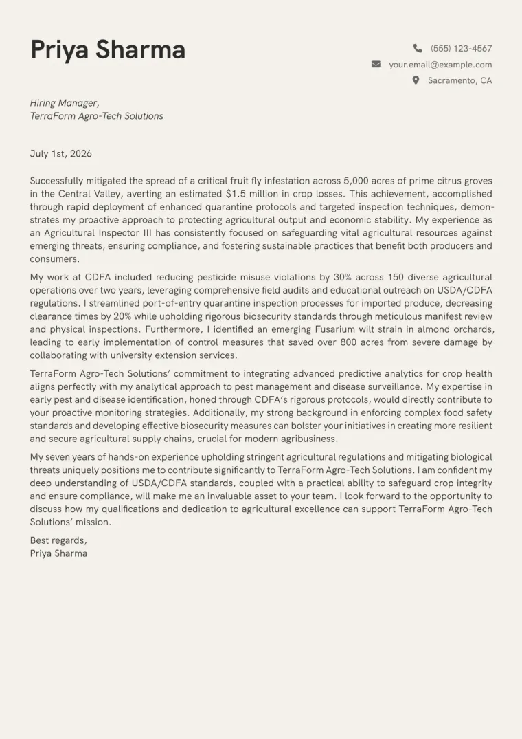 Agricultural Inspector cover letter example preview