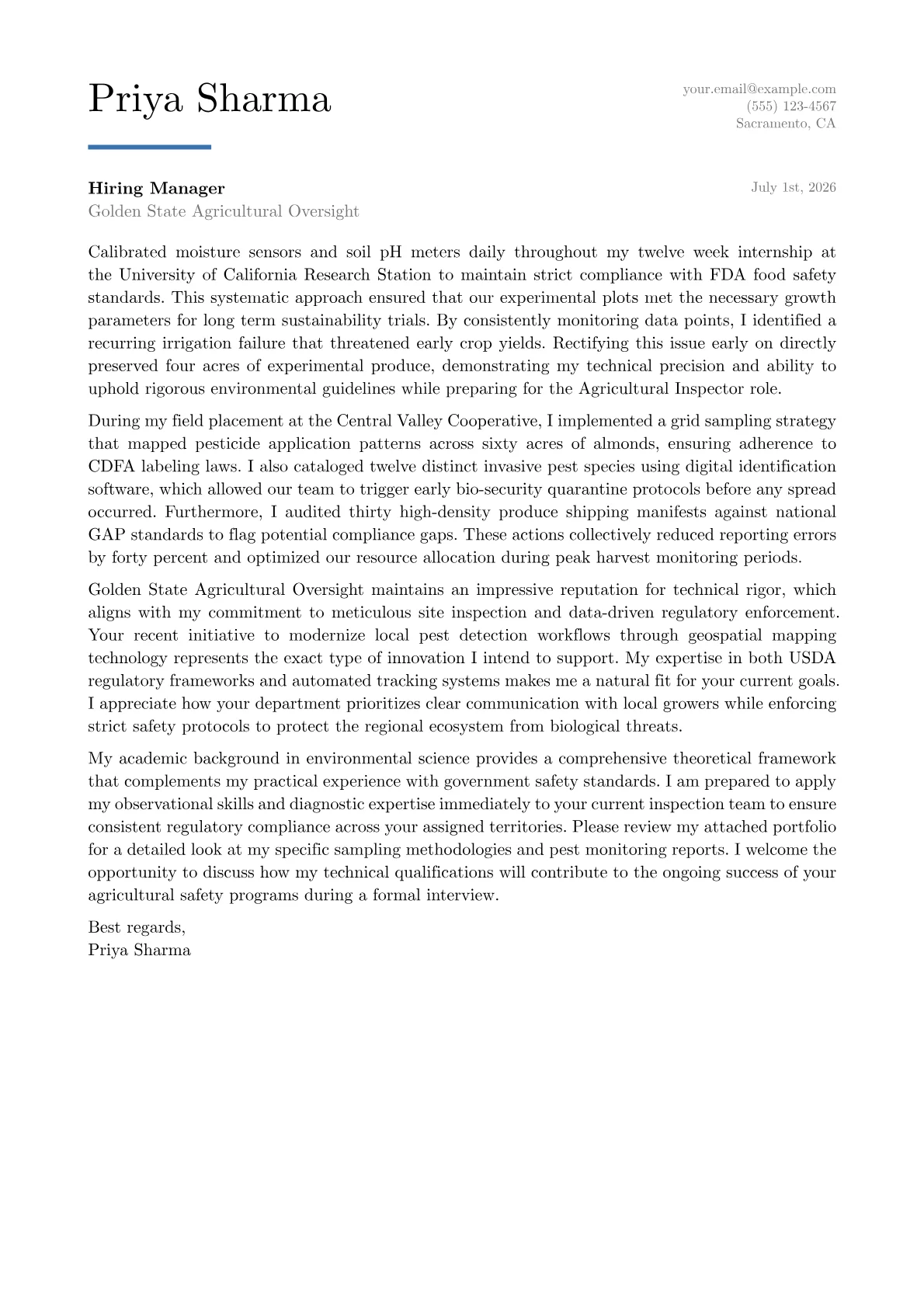 Agricultural Inspector cover letter in the Executive design