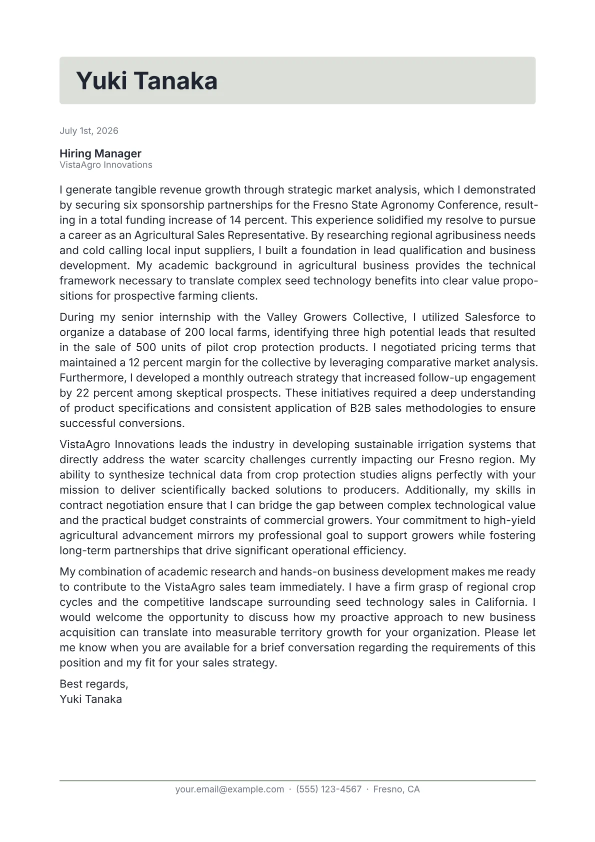 Agricultural Sales Representative cover letter in the Letterhead design
