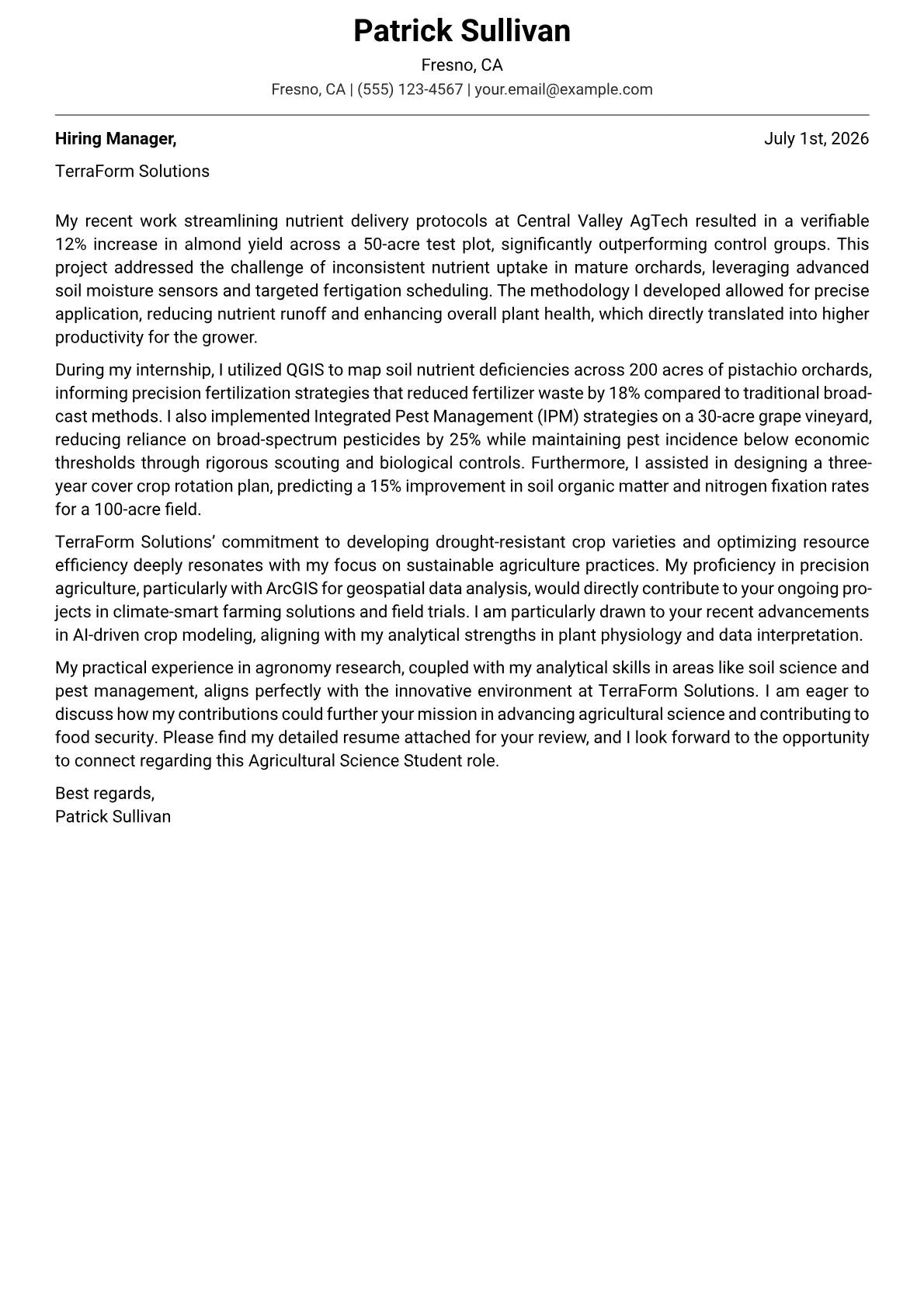 Agricultural Science Student cover letter formatted with a JobSprout template