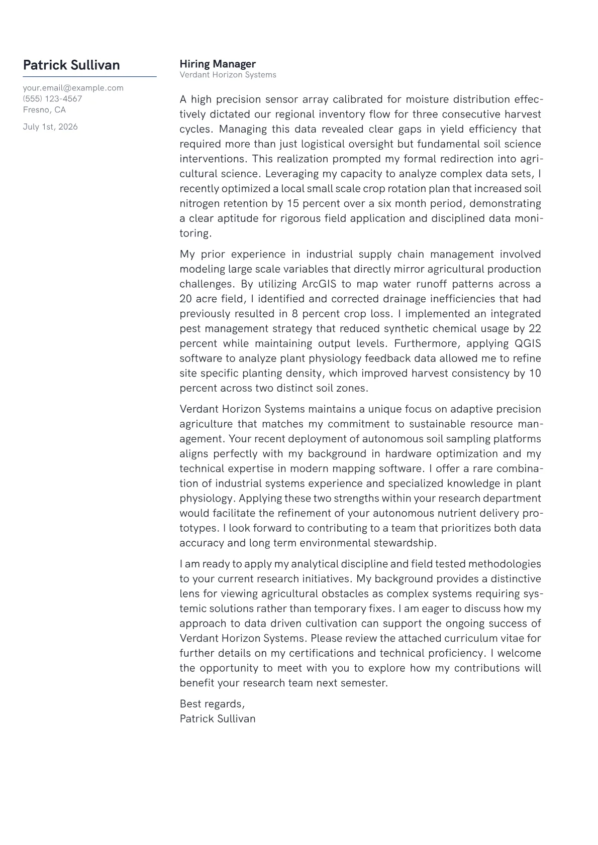 Agricultural Science Student cover letter in the Margin design