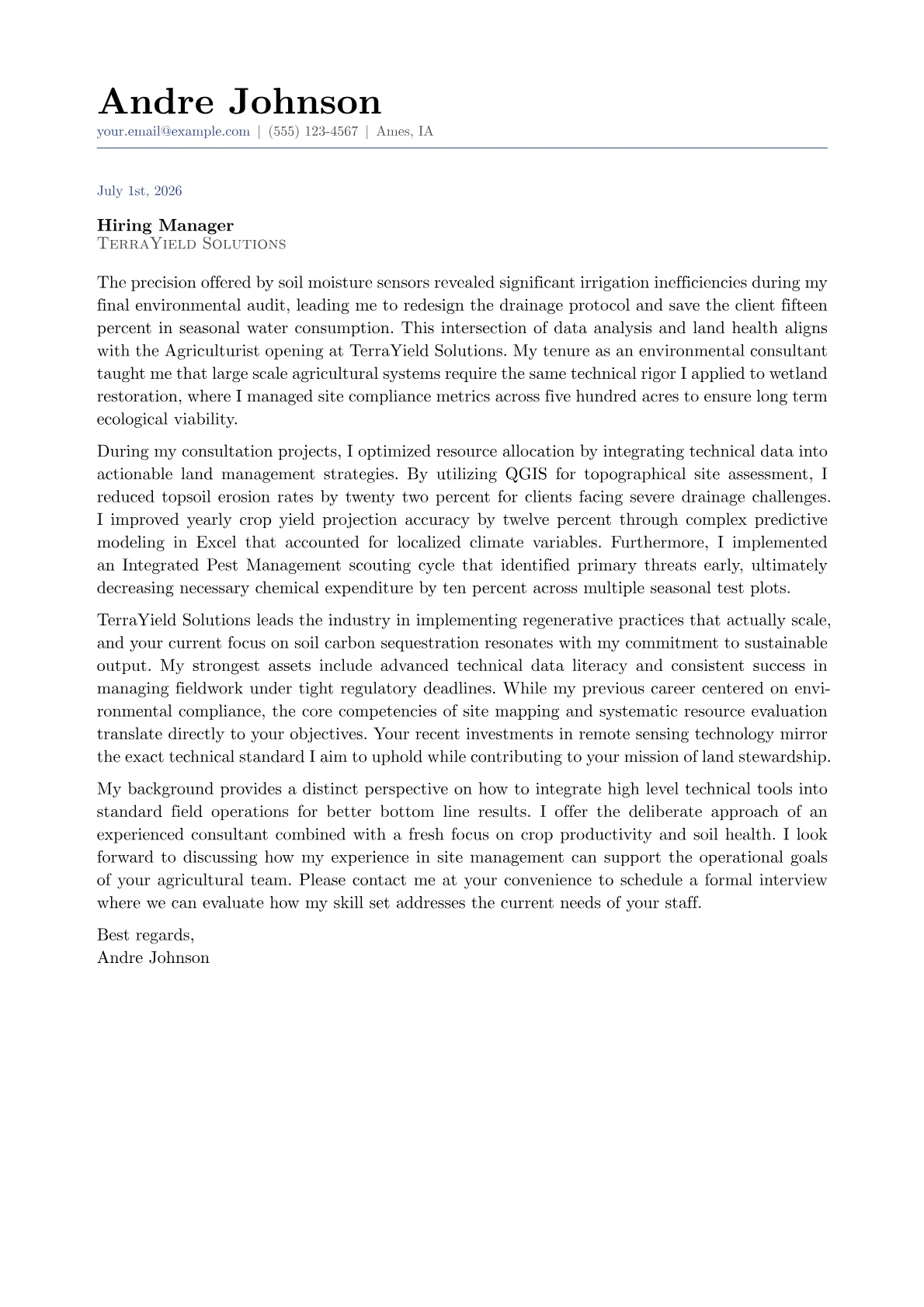 Agriculturist cover letter in the Classic design