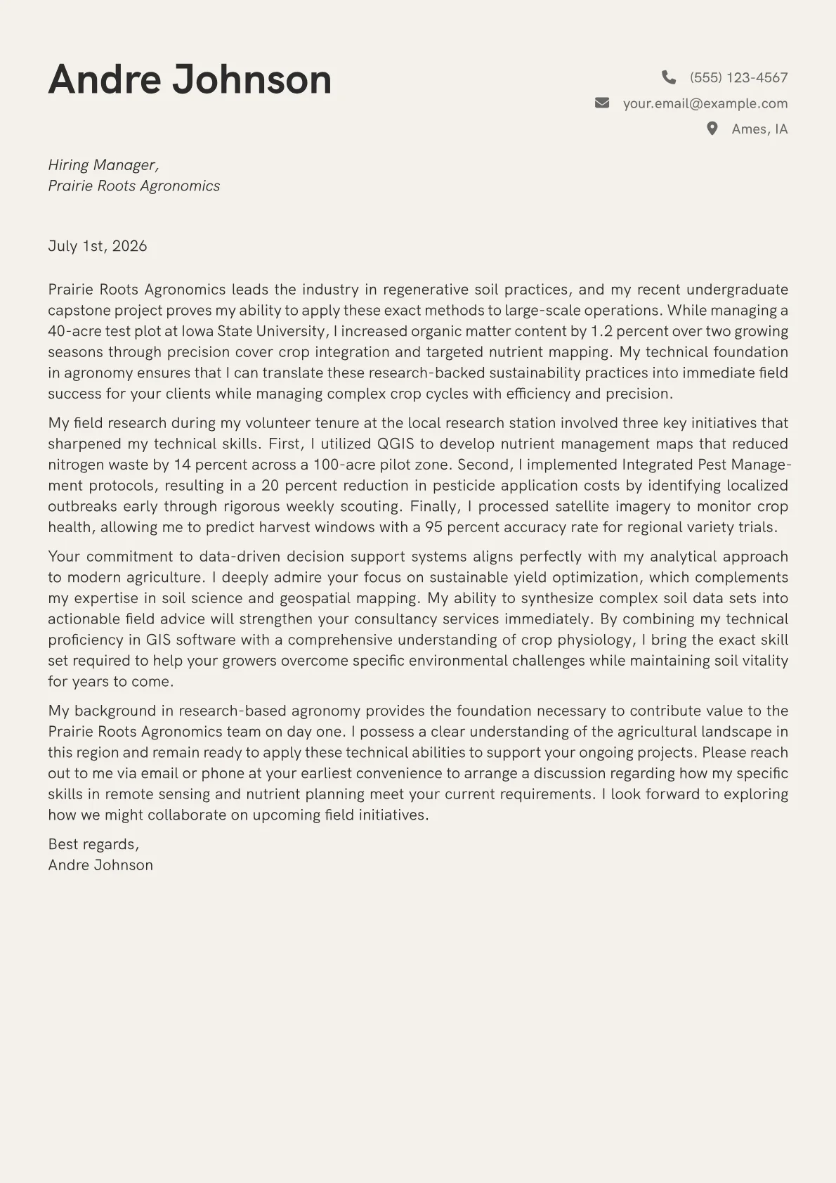 Agriculturist cover letter in the Creative design