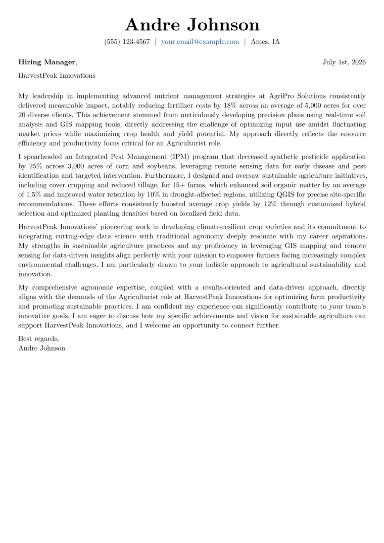 Agriculturist cover letter example preview