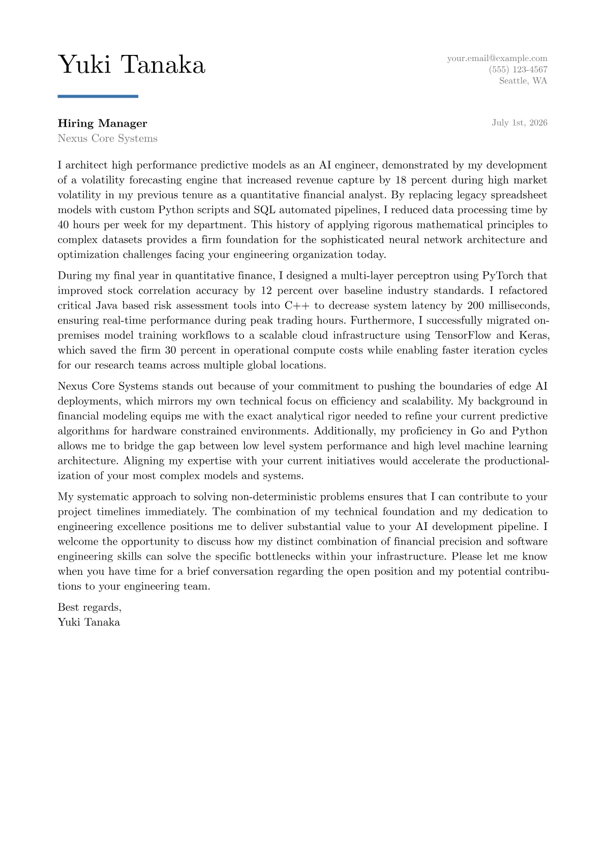 AI Engineer cover letter in the Executive design