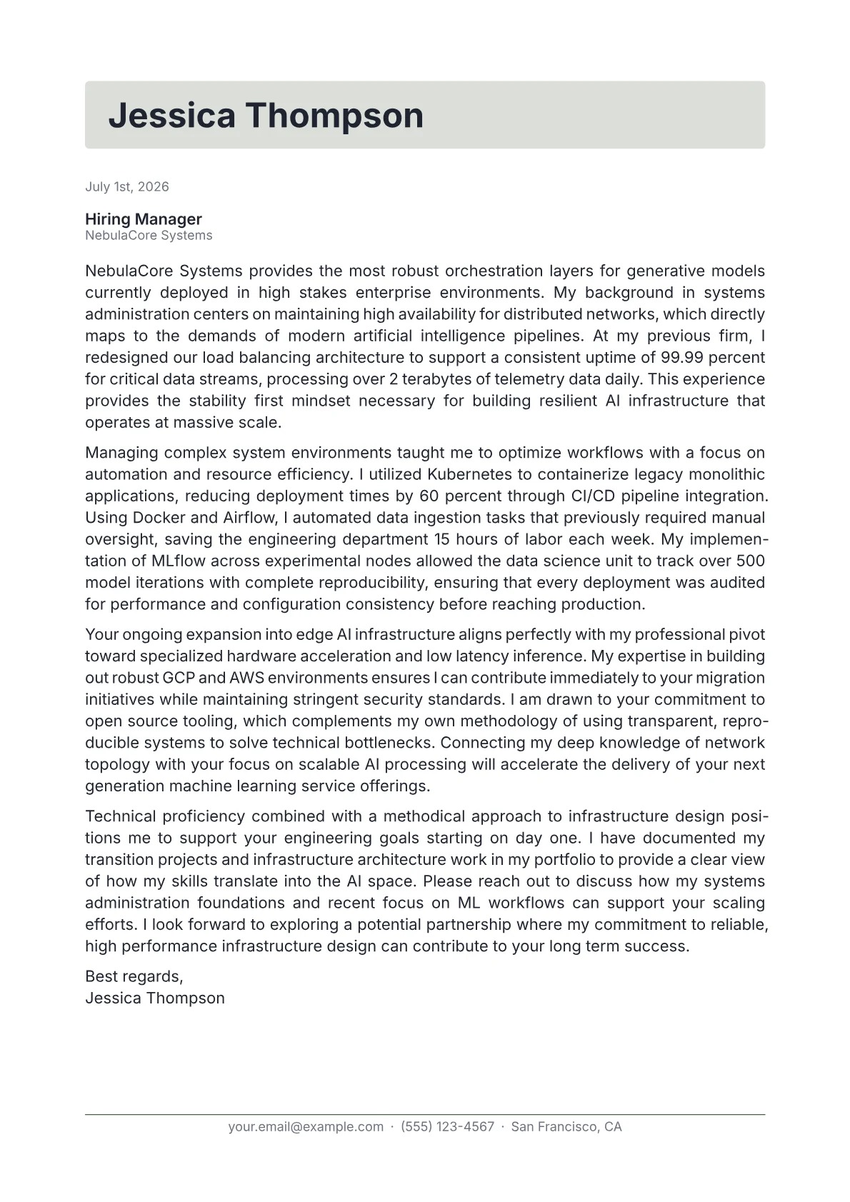 AI Infrastructure Engineer cover letter in the Letterhead design