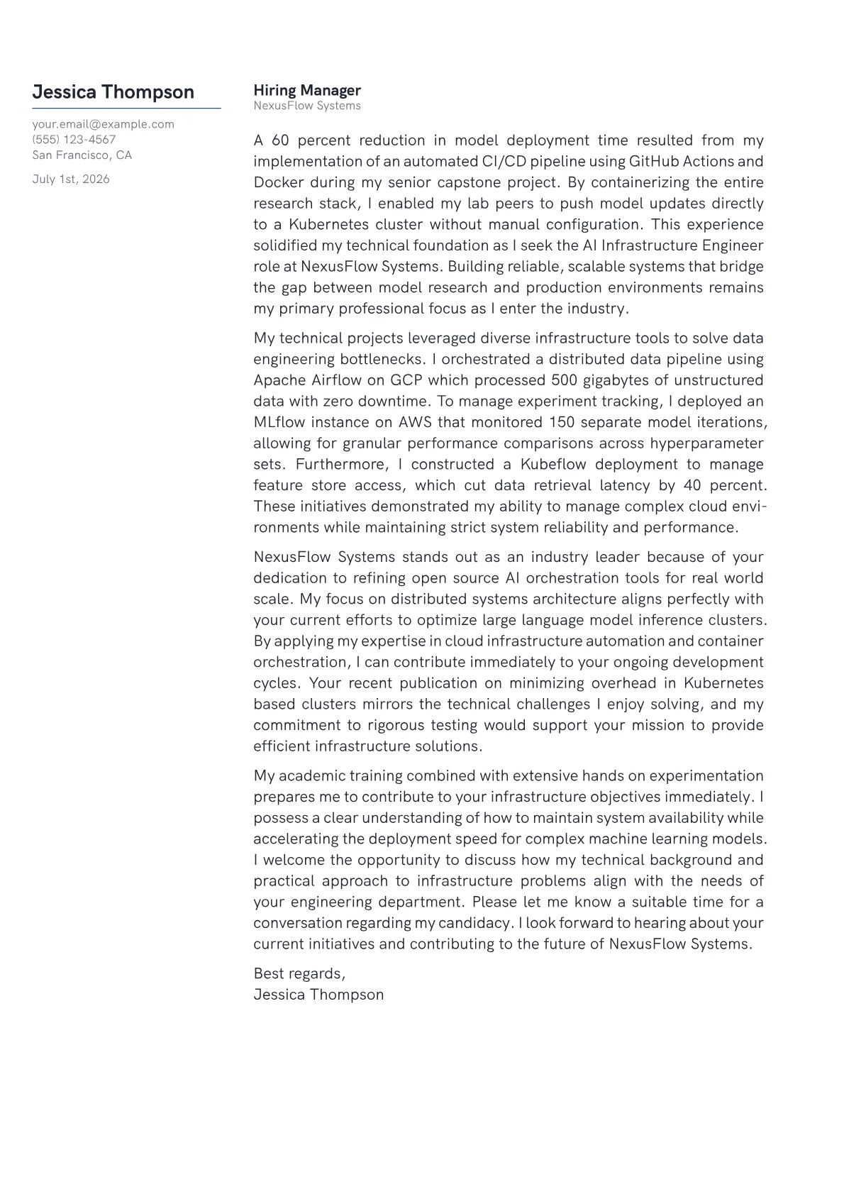 AI Infrastructure Engineer cover letter in the Margin design