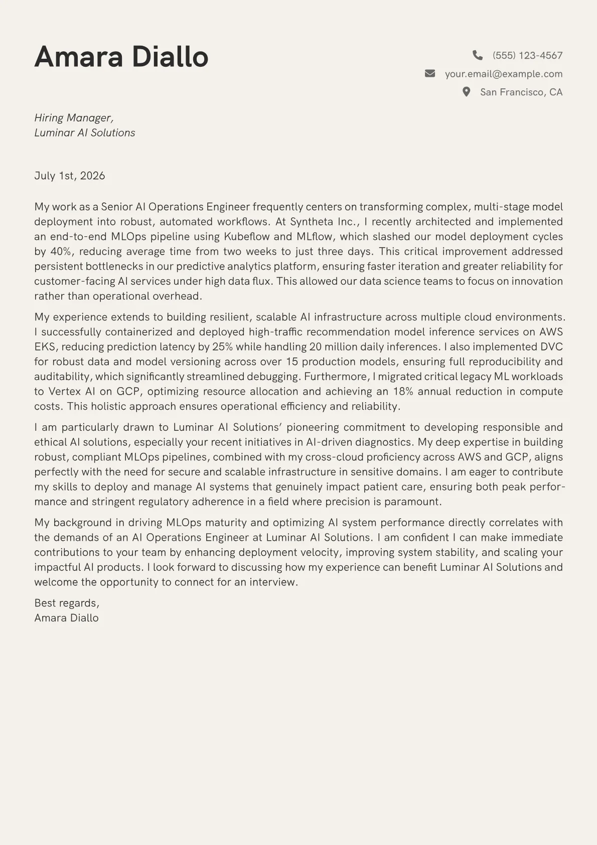 AI Operations Engineer cover letter formatted with a JobSprout template