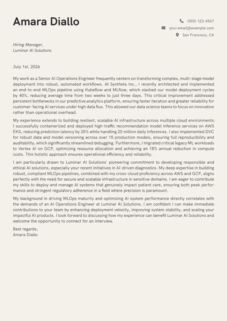 AI Operations Engineer cover letter example preview
