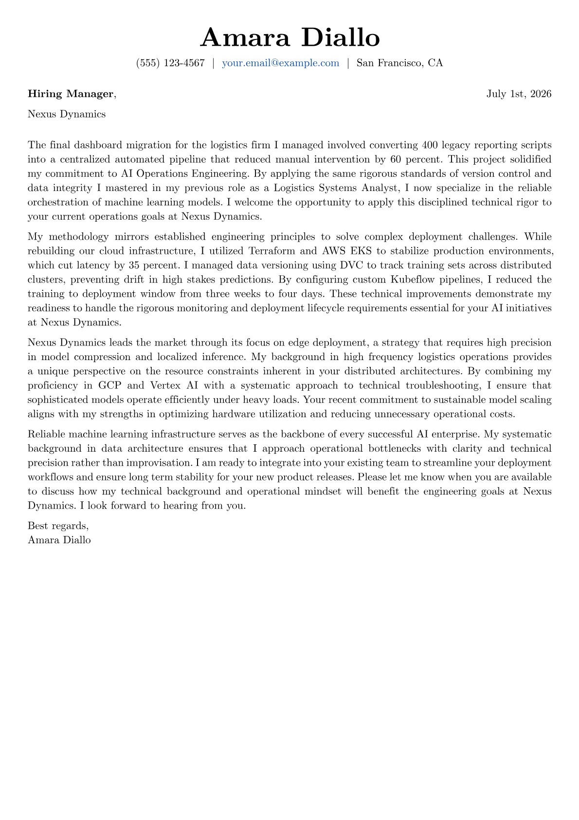 AI Operations Engineer cover letter in the Basic design