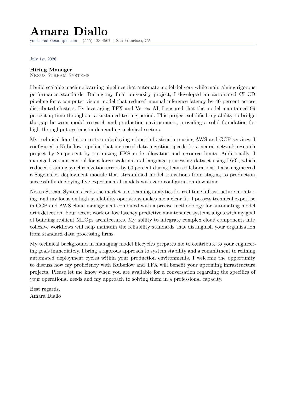 AI Operations Engineer cover letter in the Classic design