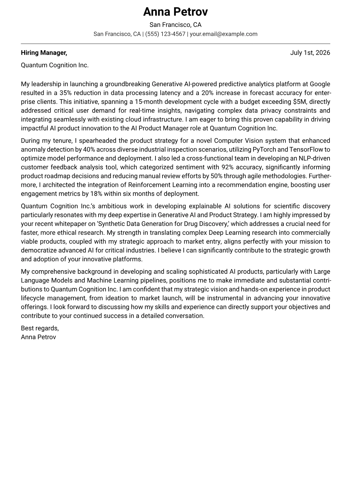 AI Product Manager cover letter formatted with a JobSprout template