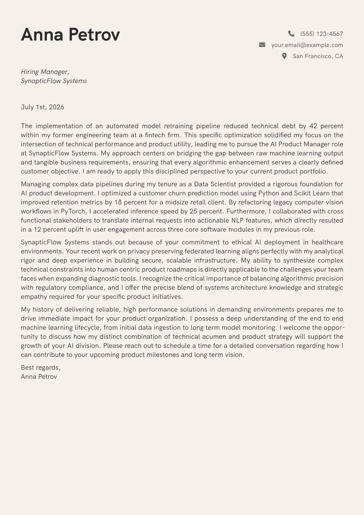 AI Product Manager cover letter in the Creative design