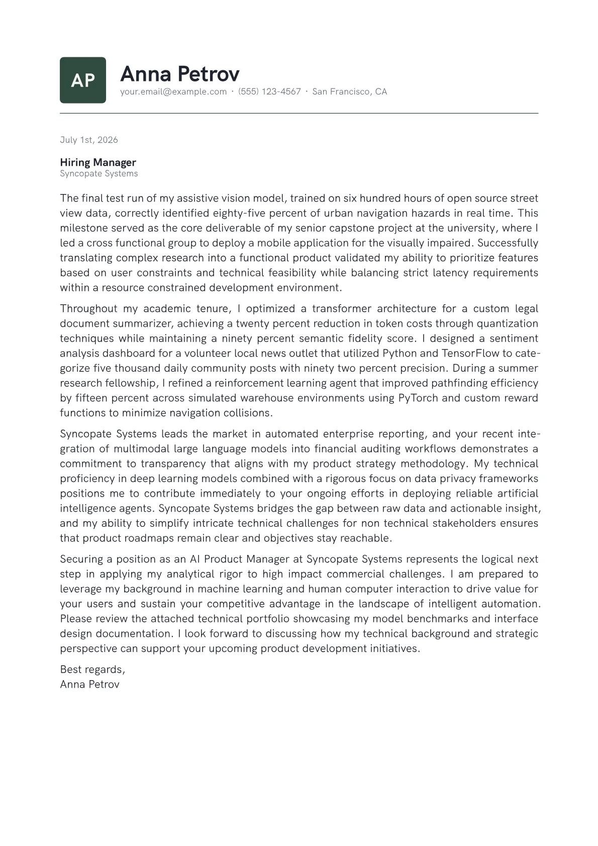 AI Product Manager cover letter in the Emblem design