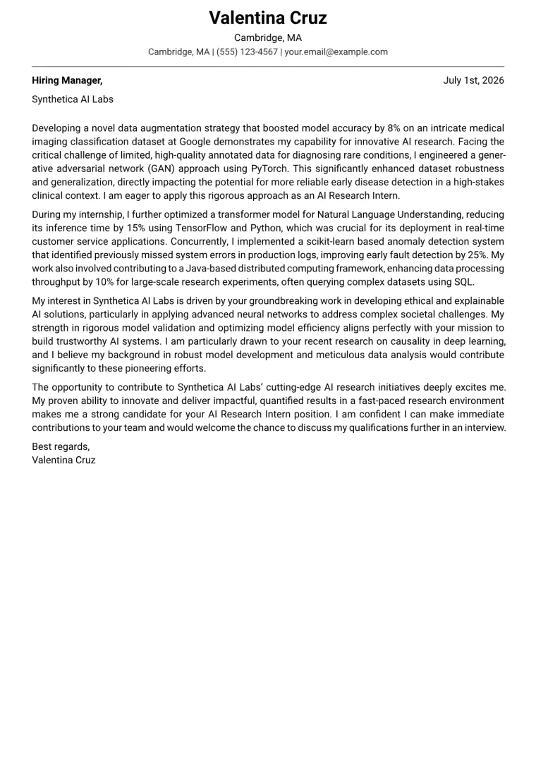 AI Research Intern Cover Letter Example