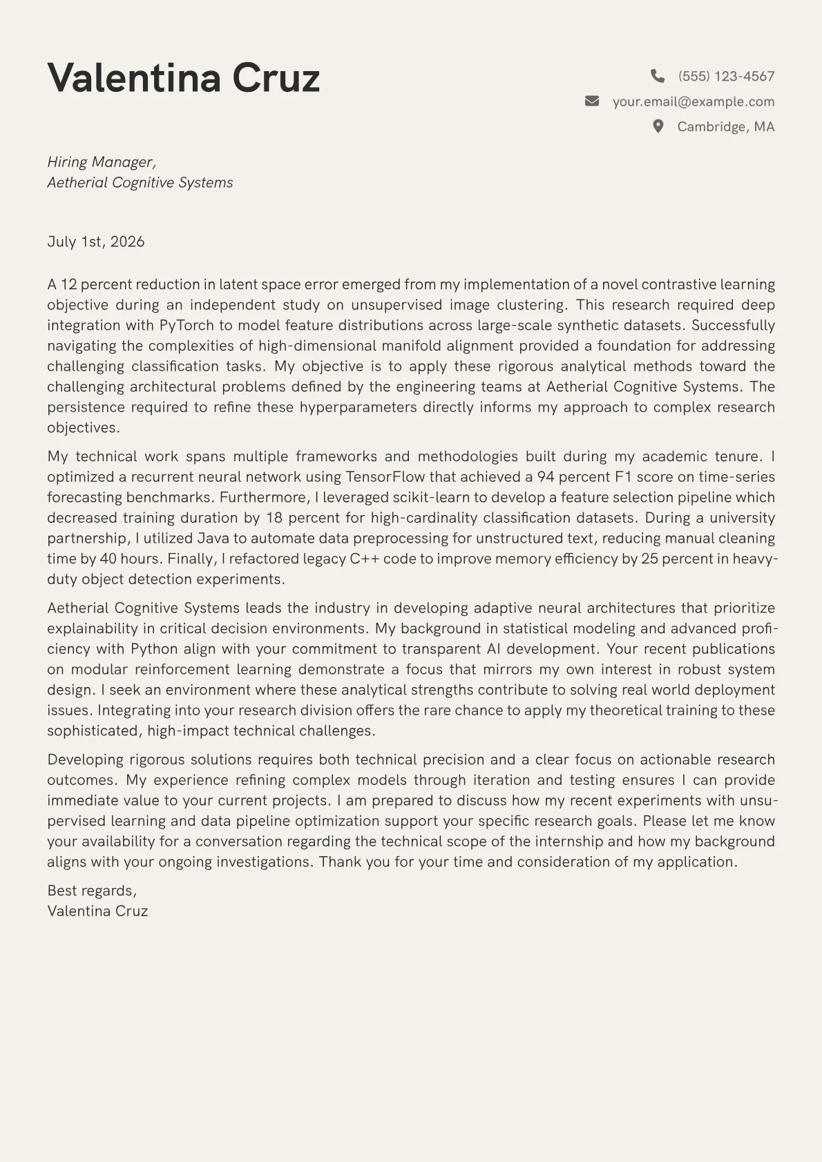AI Research Intern cover letter in the Creative design