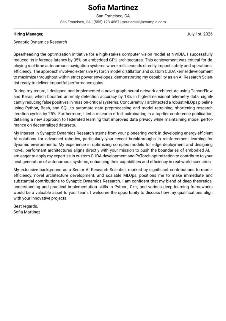 AI Research Scientist cover letter example