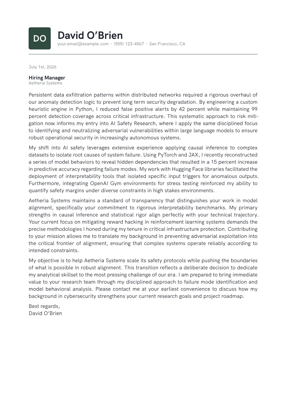 AI Safety Researcher cover letter in the Emblem design