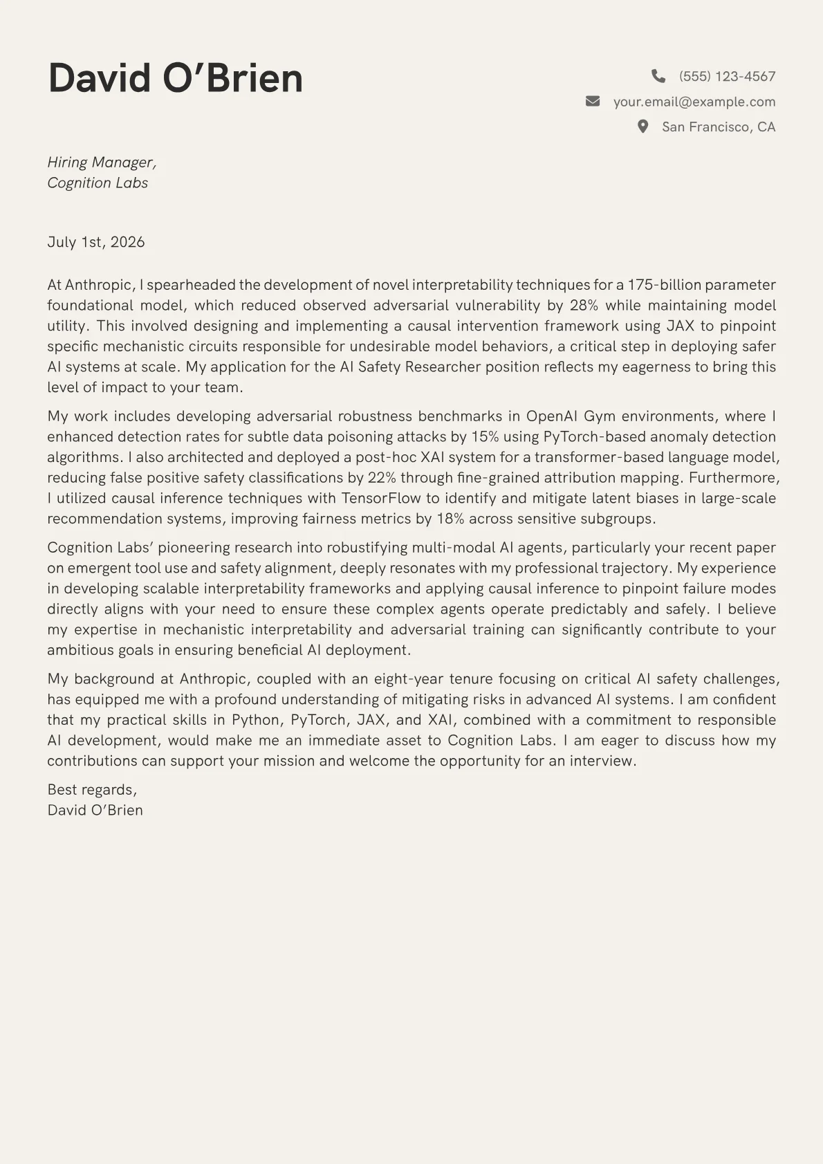 AI Safety Researcher cover letter formatted with a JobSprout template