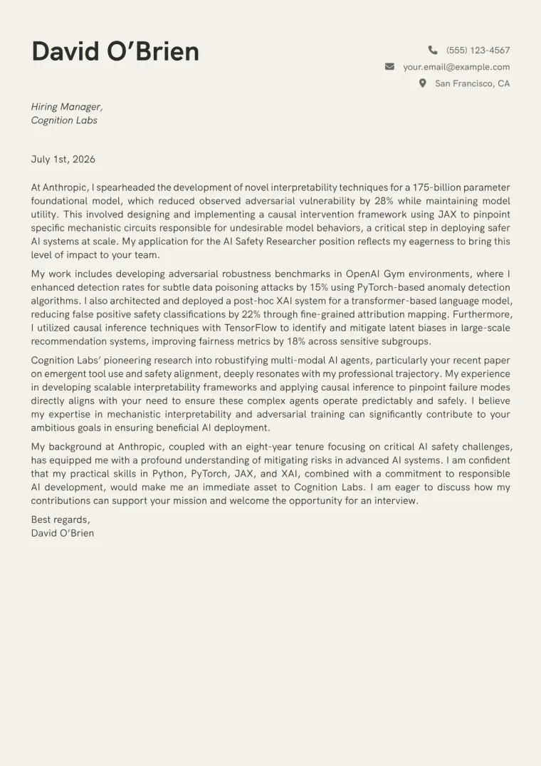 AI Safety Researcher cover letter example preview