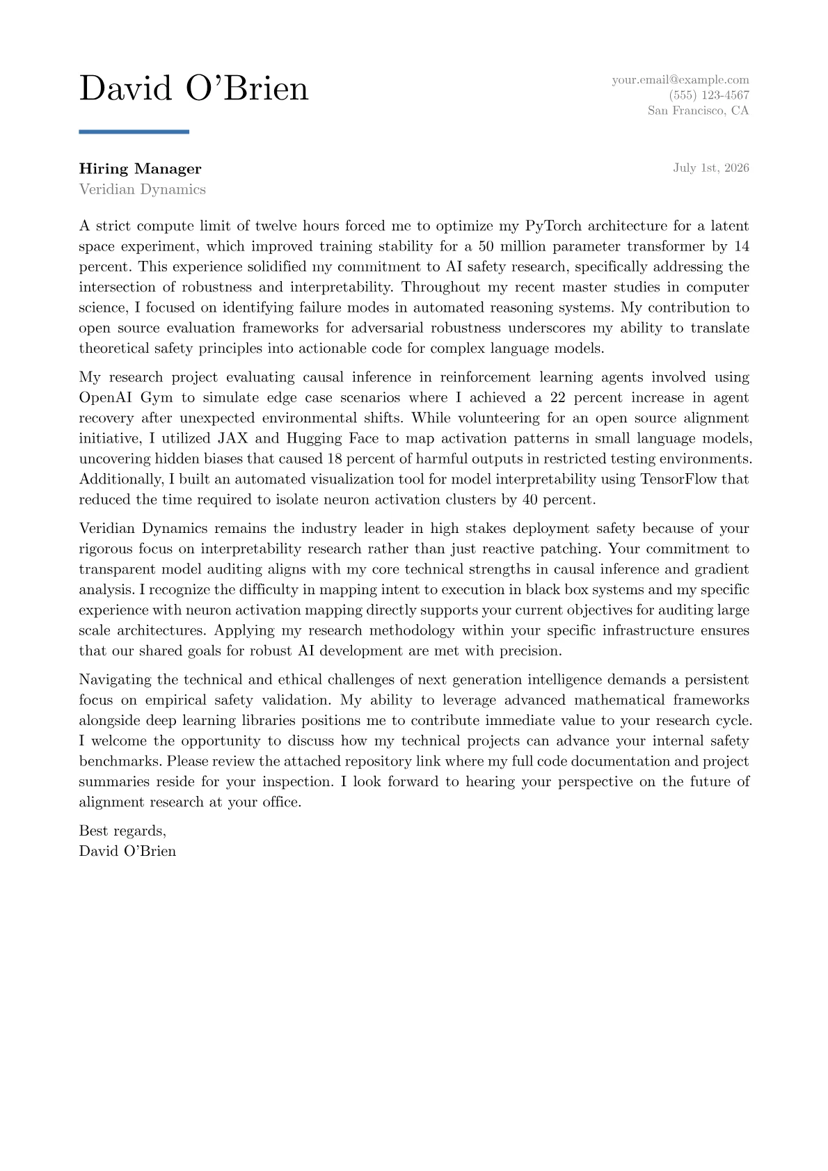 AI Safety Researcher cover letter in the Executive design