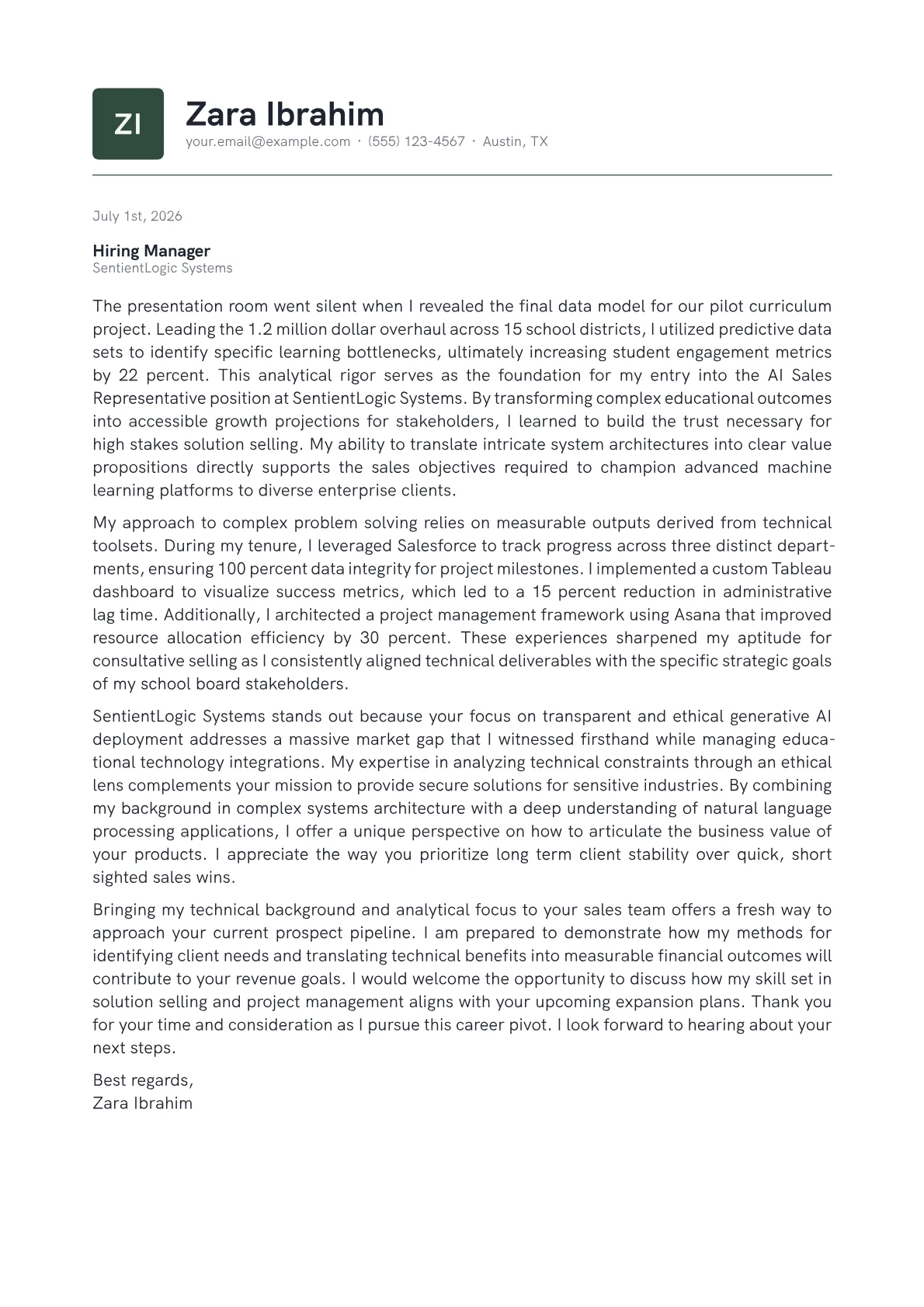 AI Sales Representative cover letter in the Emblem design