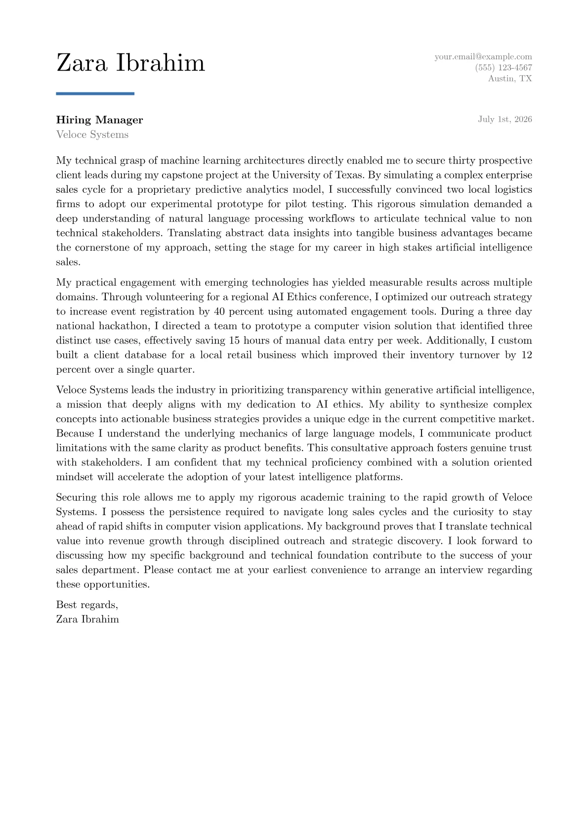 AI Sales Representative cover letter in the Executive design