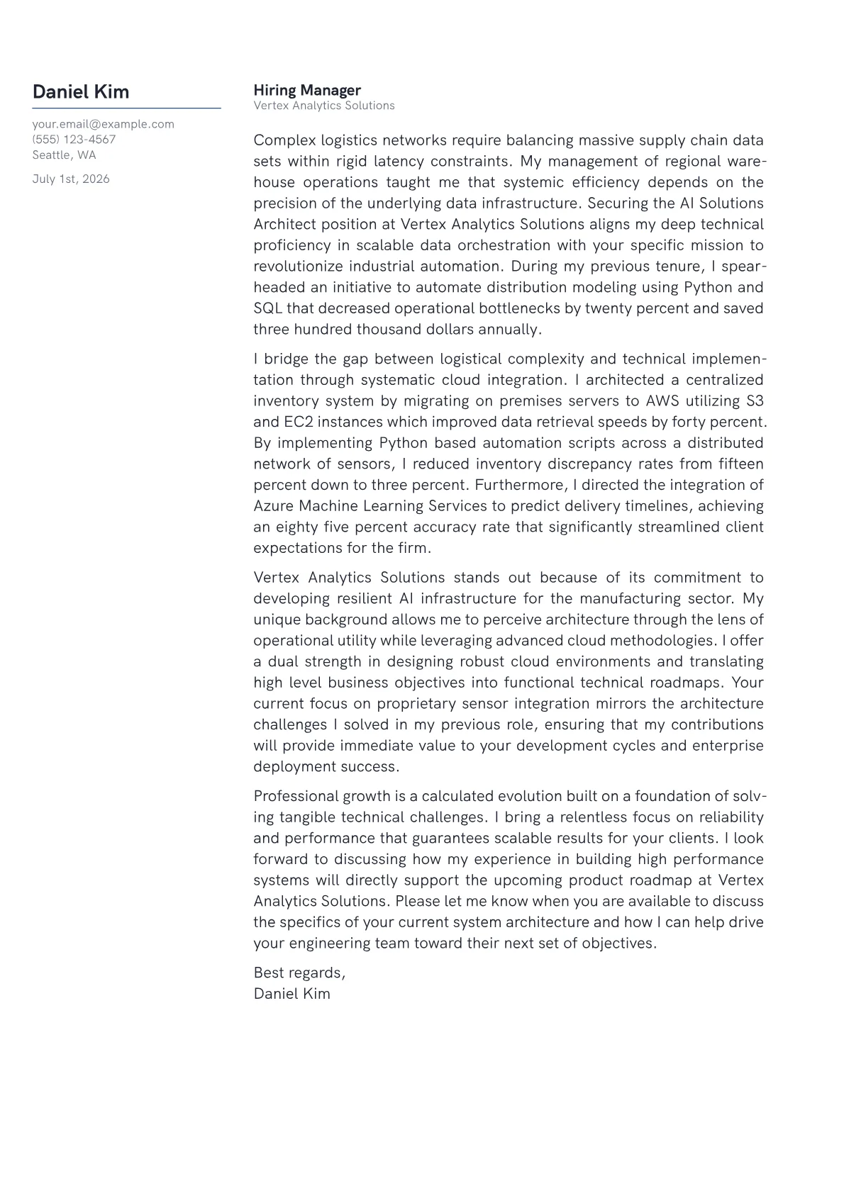 AI Solutions Architect cover letter in the Margin design