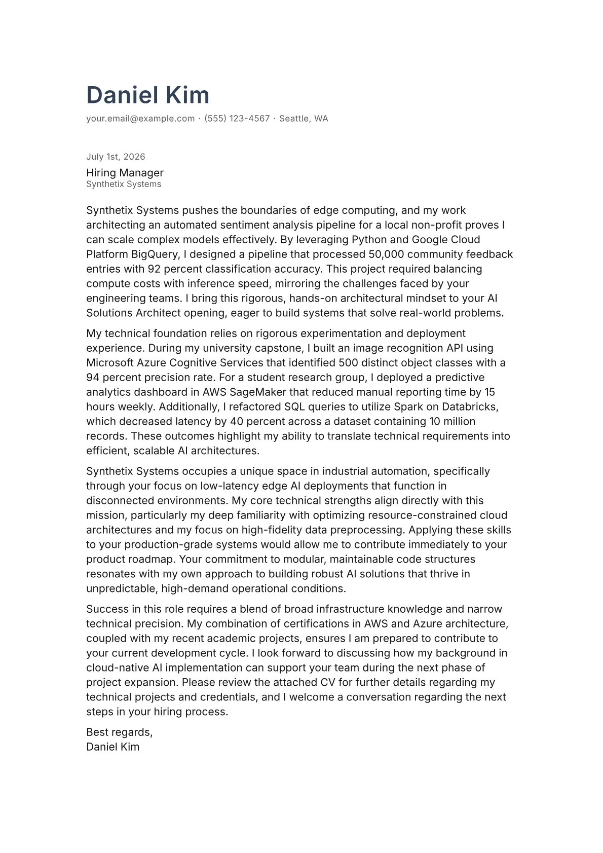 AI Solutions Architect cover letter in the Minimal design