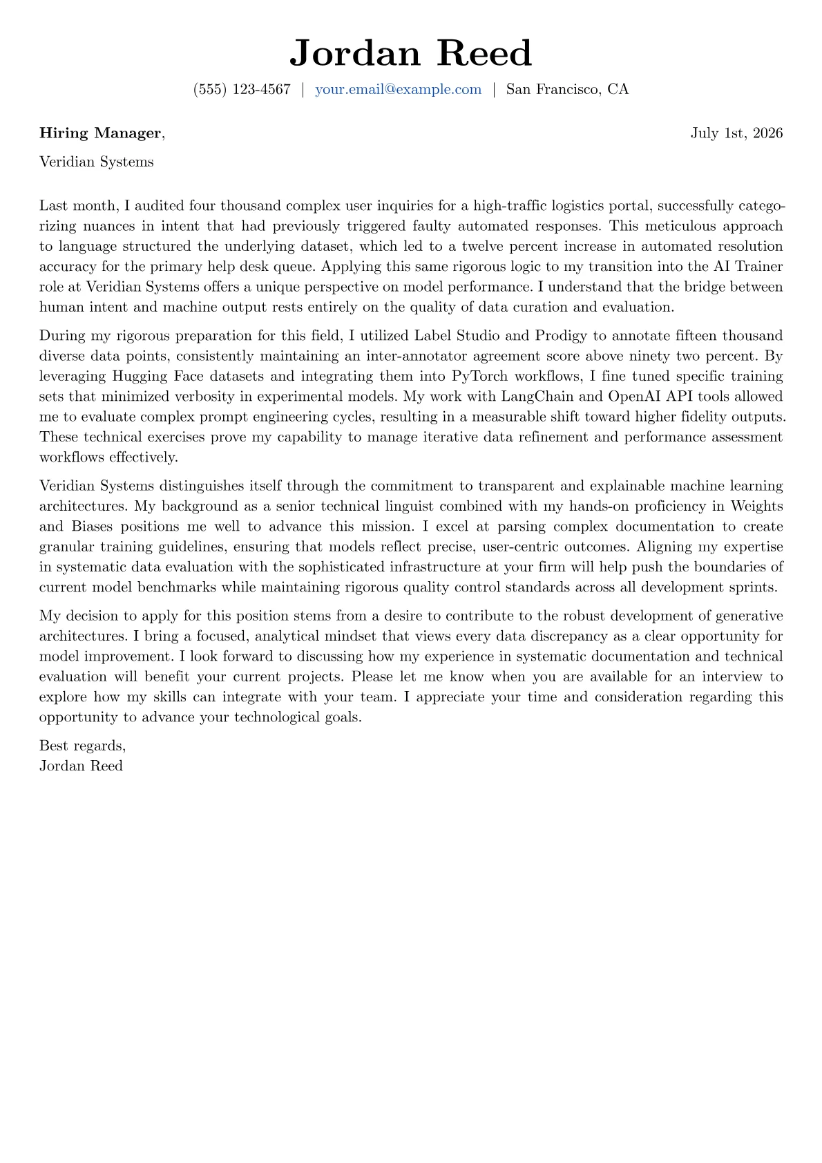 AI Trainer cover letter in the Basic design