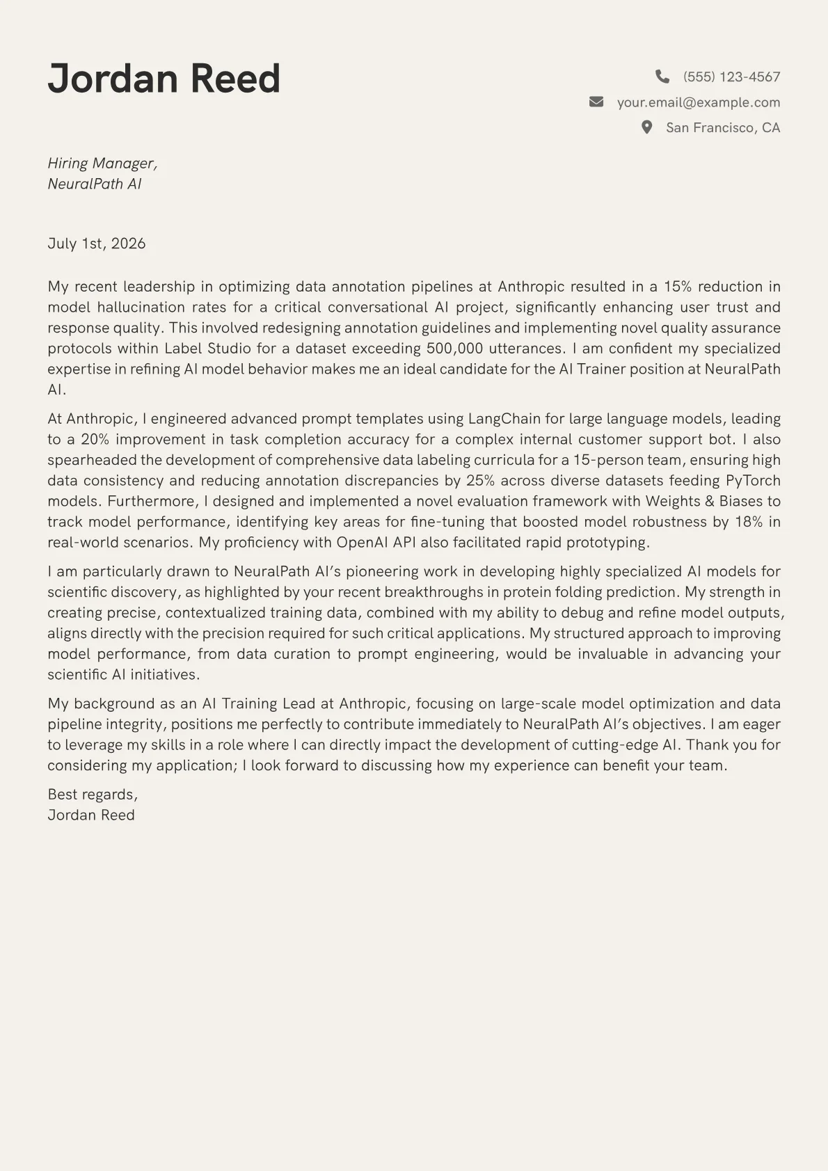 AI Trainer cover letter formatted with a JobSprout template