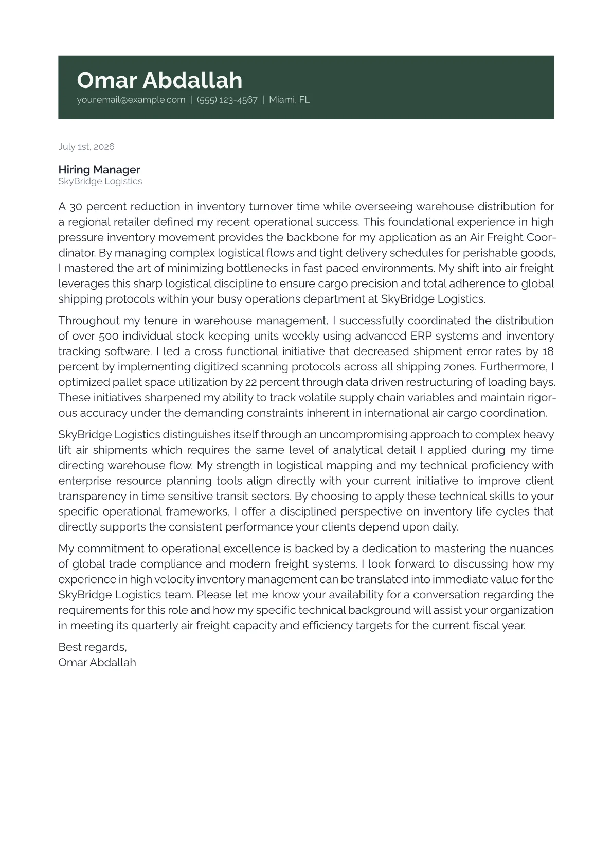 Air Freight Coordinator cover letter in the Banner design