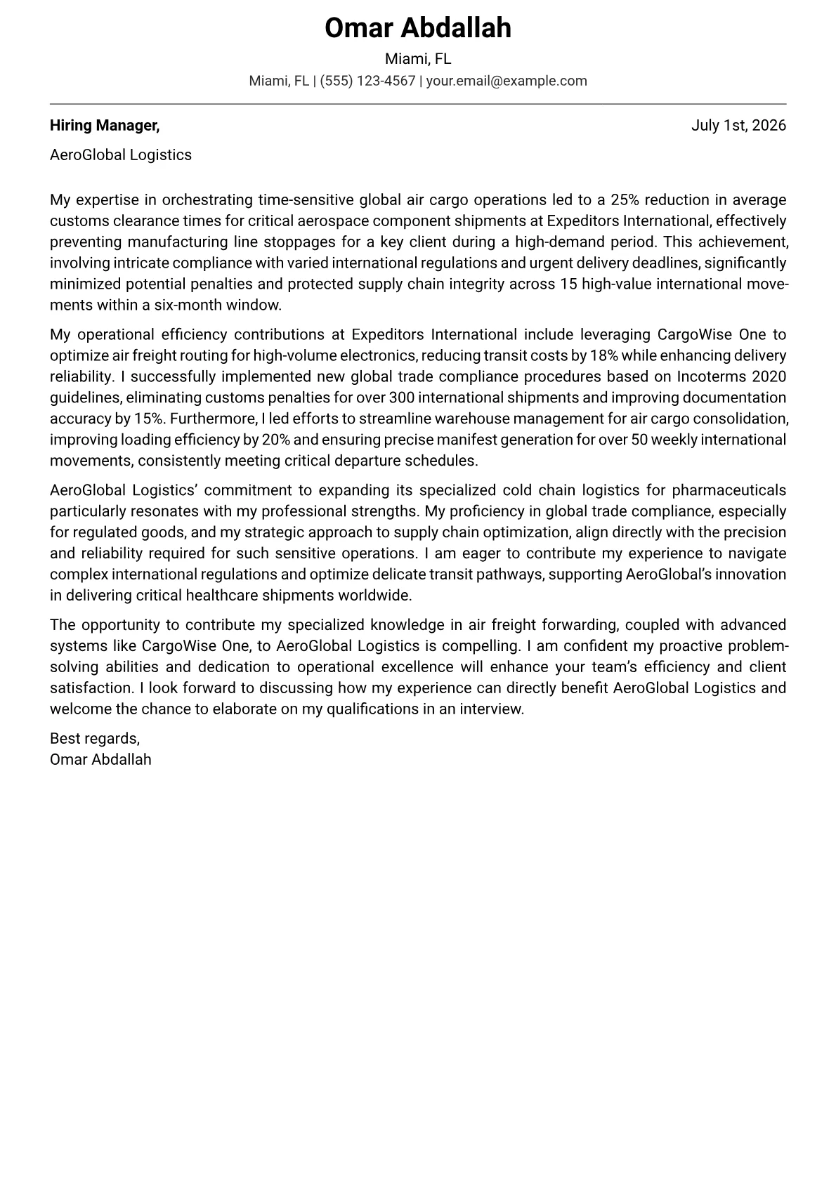Air Freight Coordinator cover letter formatted with a JobSprout template
