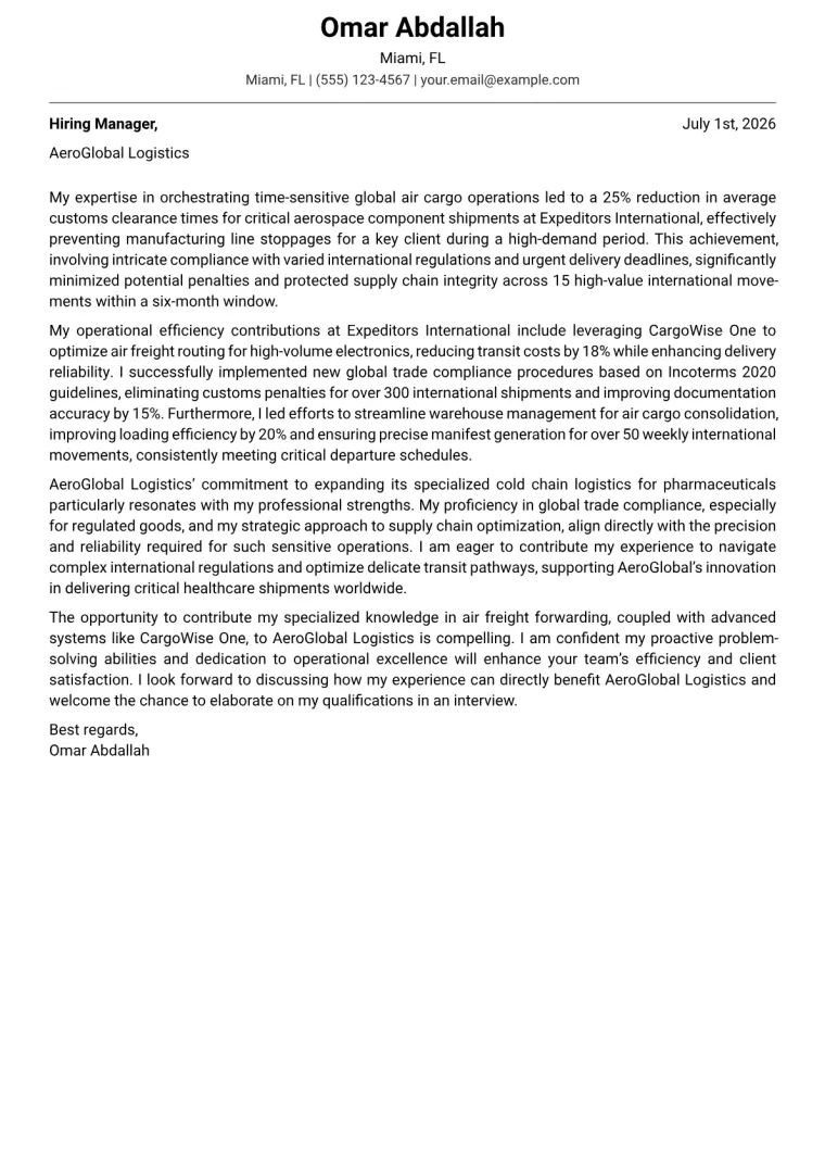 Air Freight Coordinator cover letter example preview