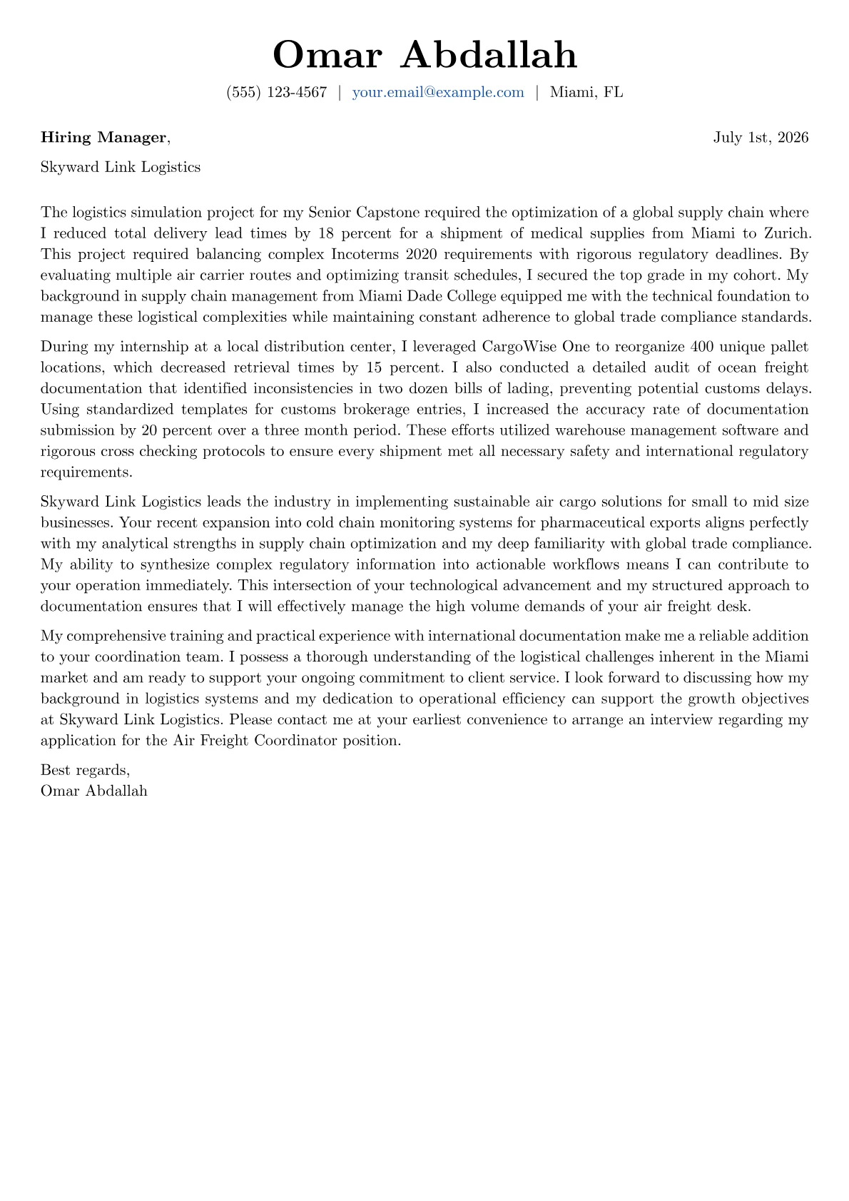 Air Freight Coordinator cover letter in the Basic design