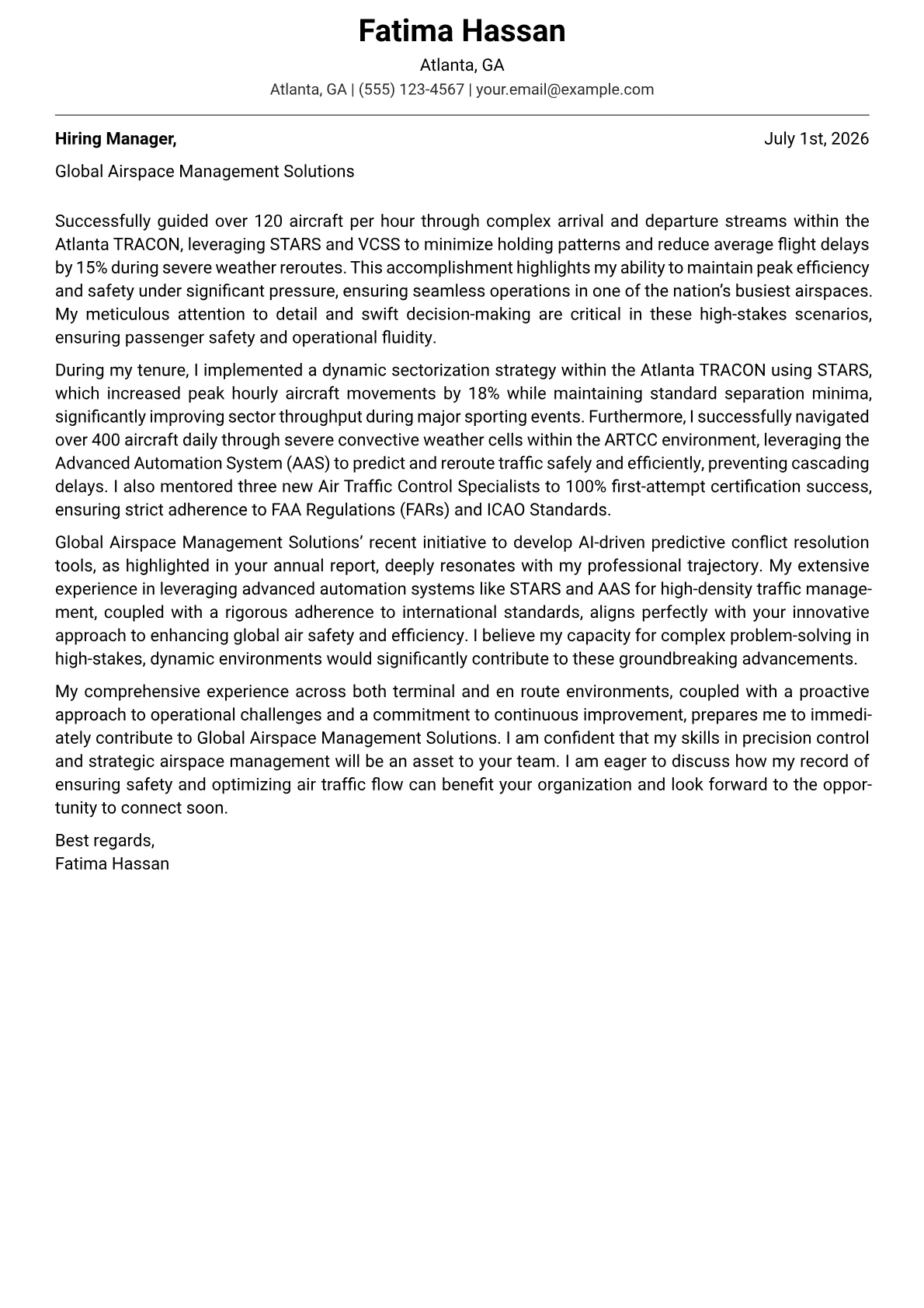 Air Traffic Controller cover letter formatted with a JobSprout template