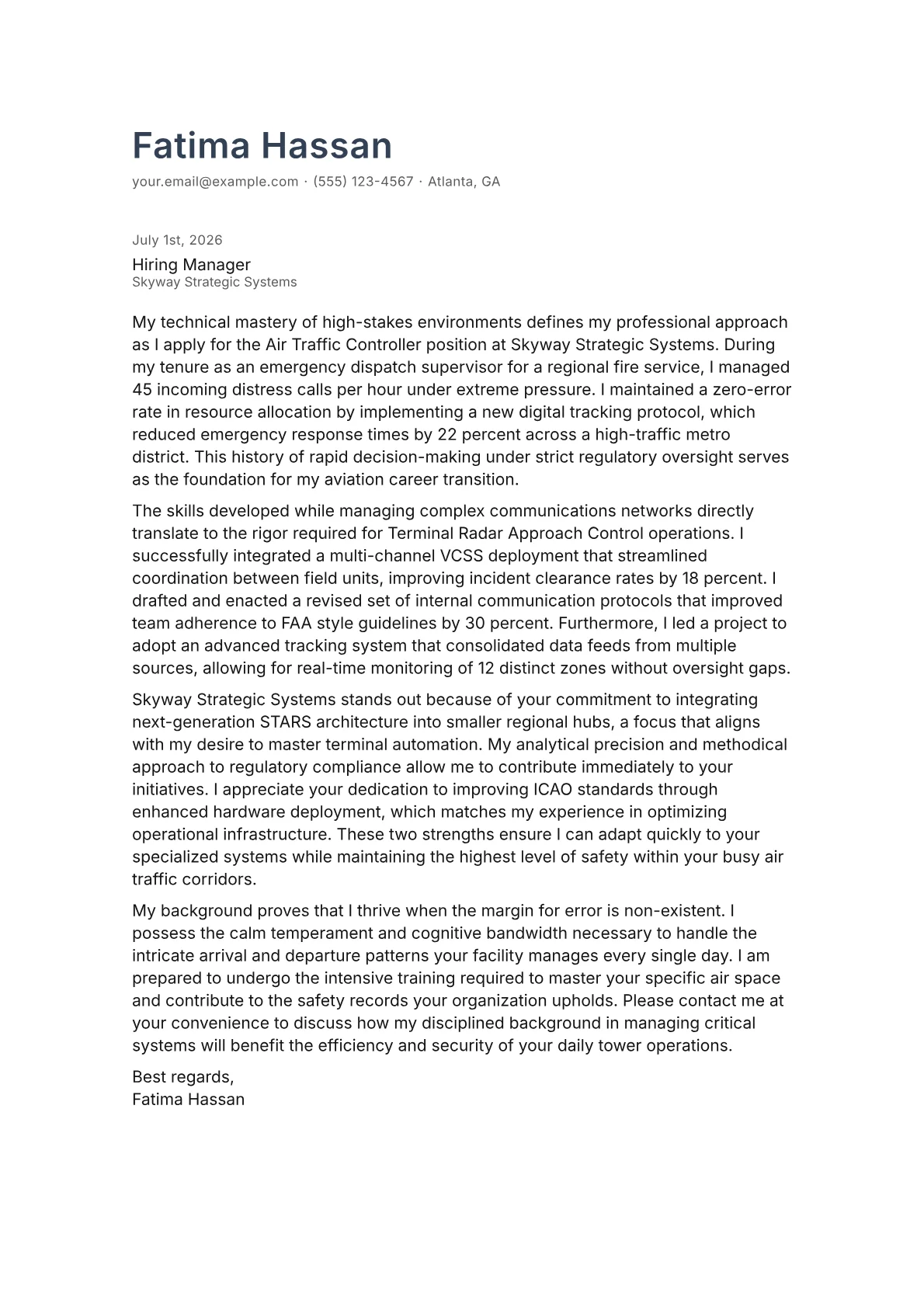Air Traffic Controller cover letter in the Minimal design