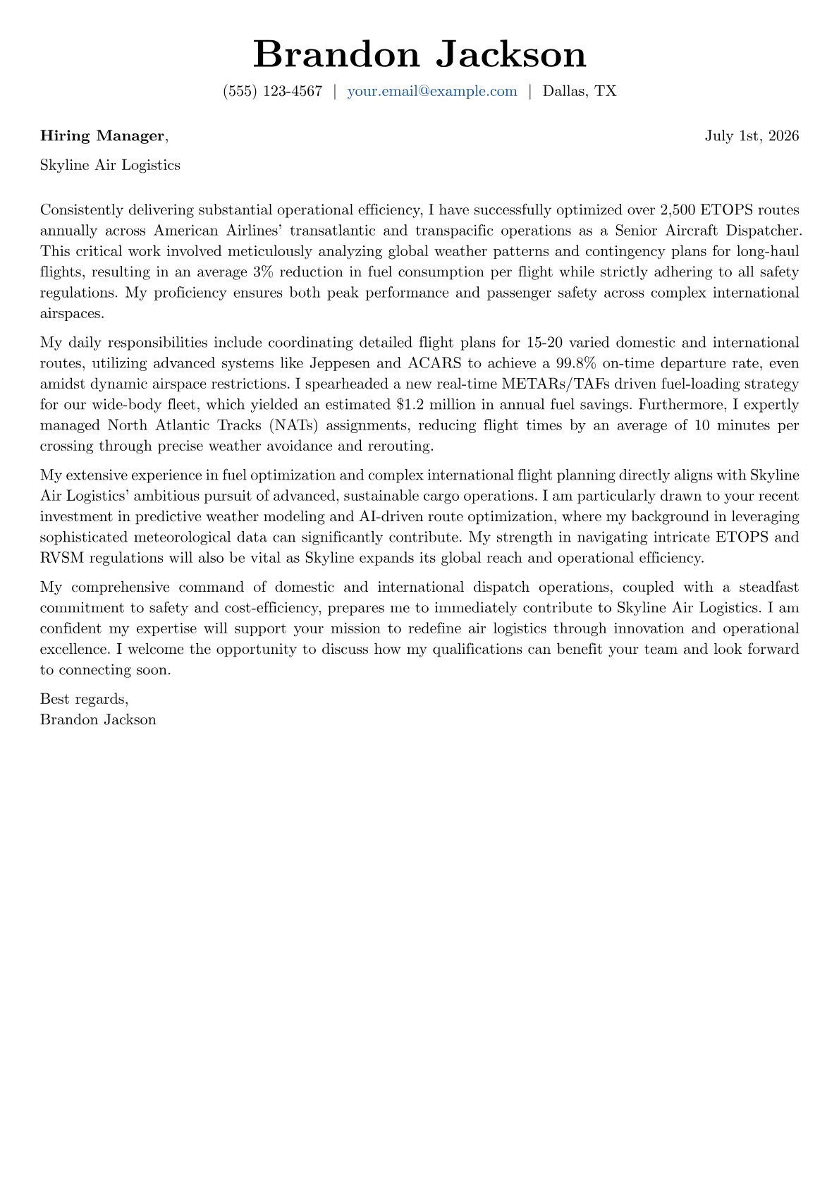 Aircraft Dispatcher cover letter formatted with a JobSprout template