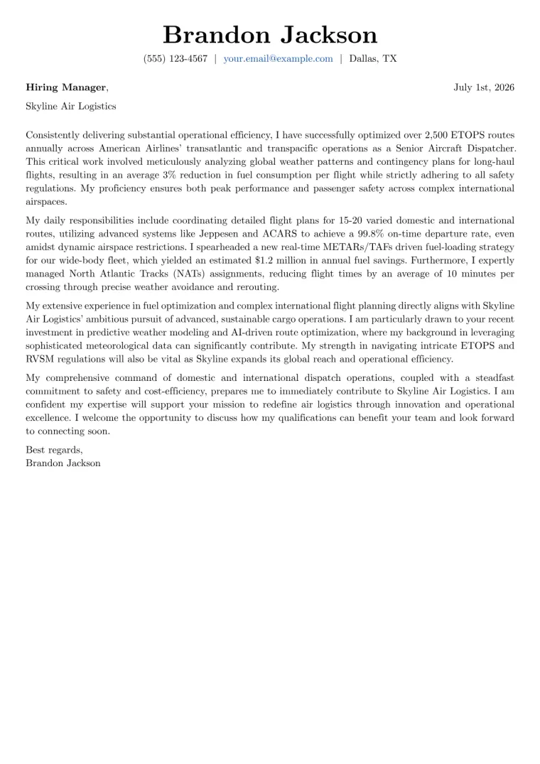 Aircraft Dispatcher cover letter example preview