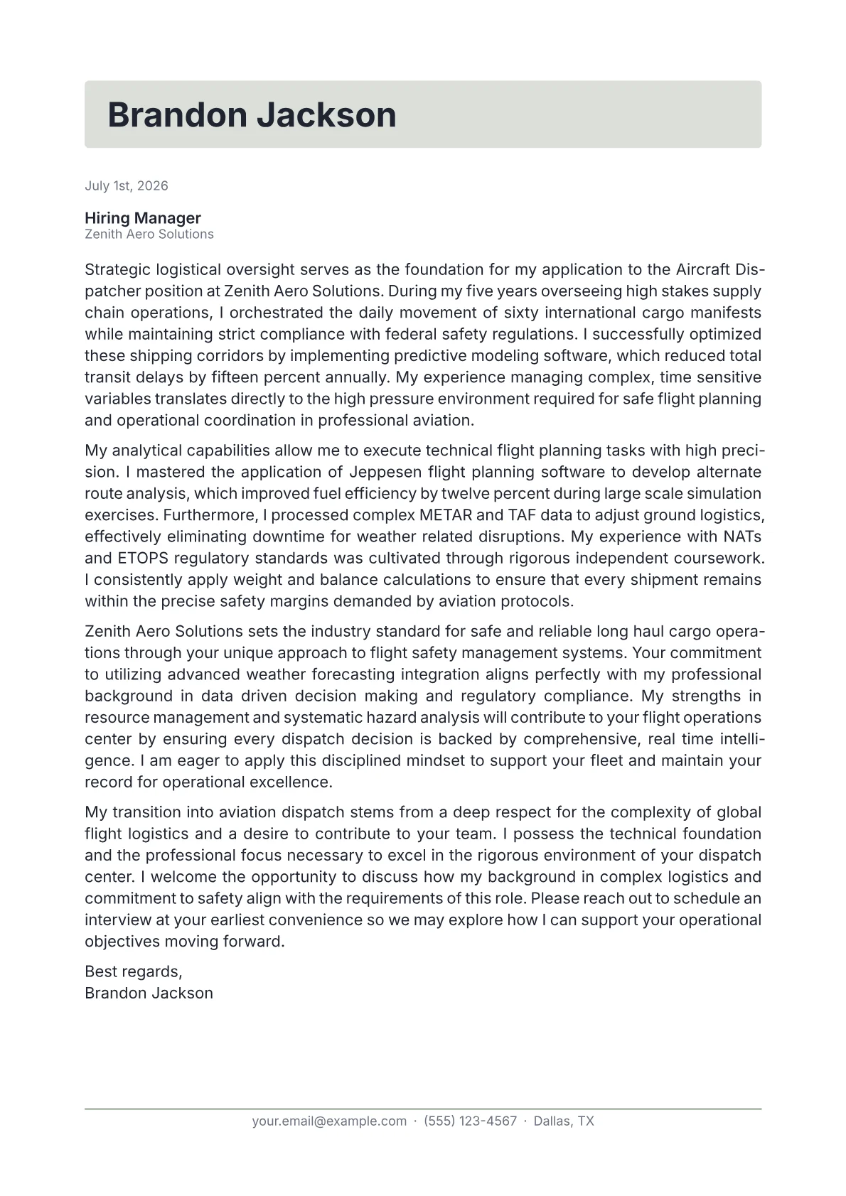 Aircraft Dispatcher cover letter in the Letterhead design