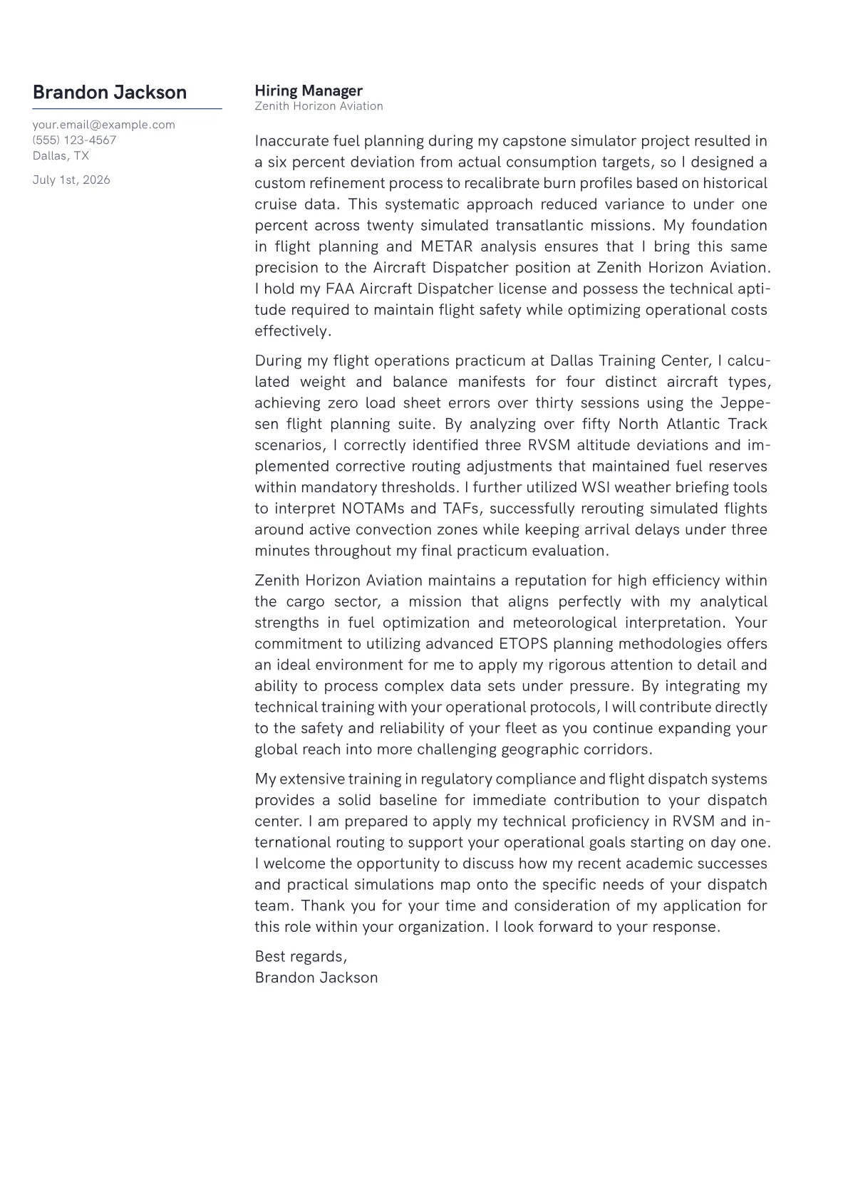 Aircraft Dispatcher cover letter in the Margin design